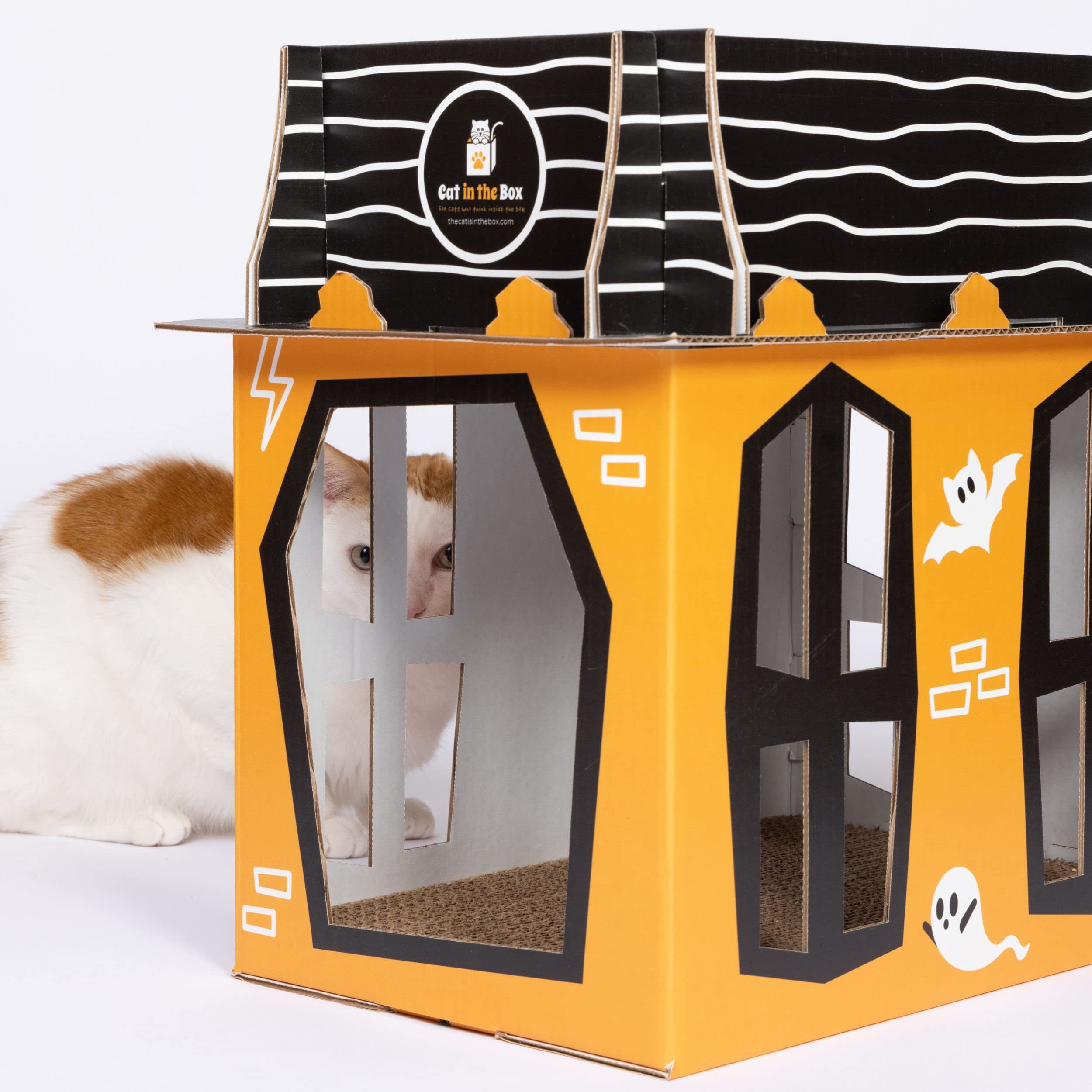 Spooky Cat Haunted House - Halloween Mansion Playhouse For Cats, Kittens, Rabbits & Bunny. Cardboard Box House Condo Cave Furnit