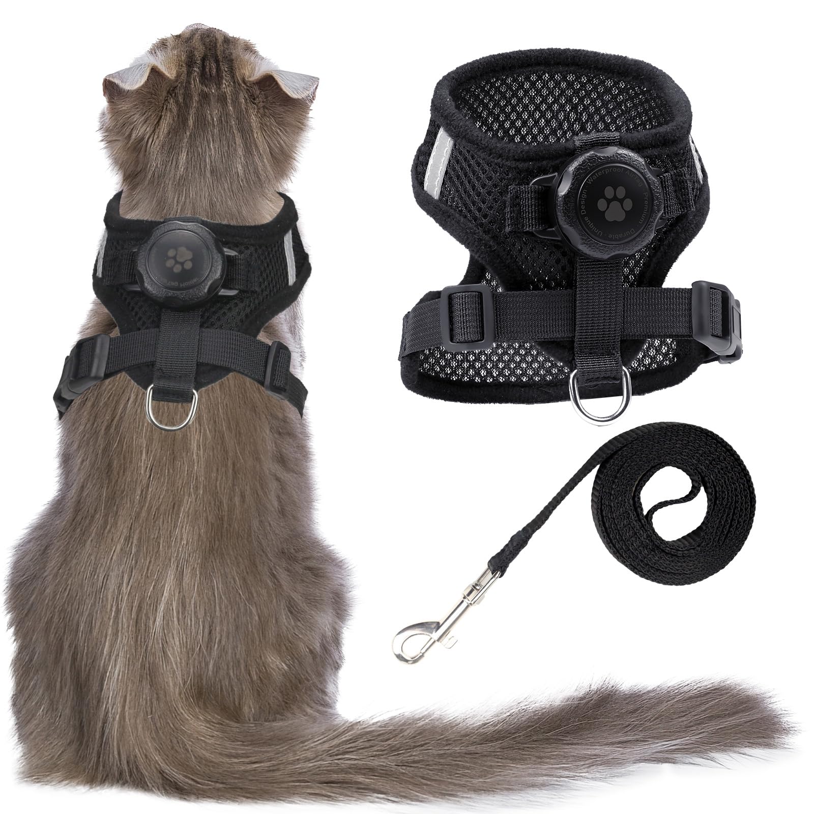 Airtag Cat Harness And Leash For Walking, Integrated Cat Vest With 100% Waterproof Air Tag Holder, Escape Proof Reflective Adjus