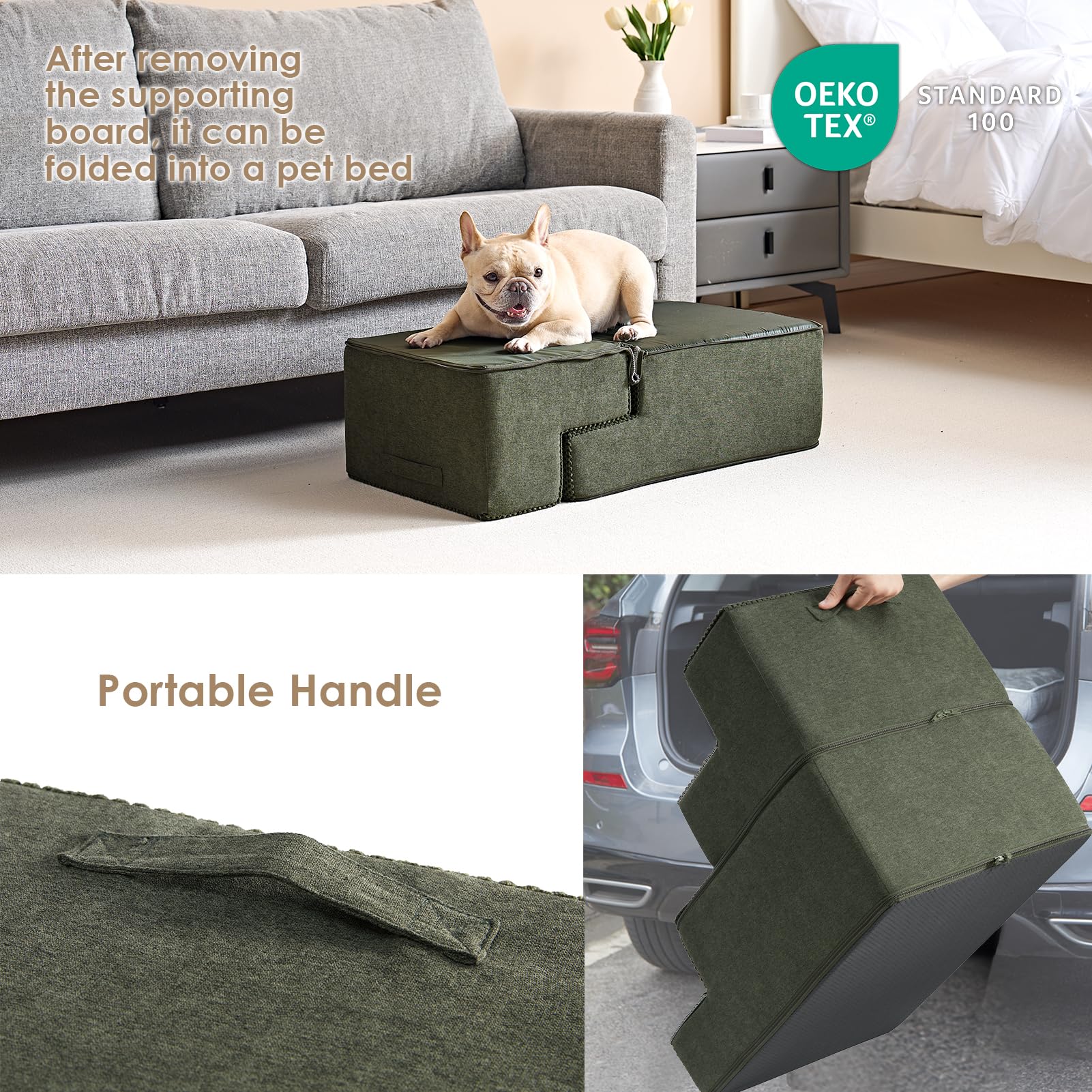 Eheyciga Dog Stairs For Bed 18”H, 4-Step Dog Steps For High Bed, Pet Steps For Small Dogs And Cats, Non-Slip Balanced Dog Indoor Ramp, Olive Green