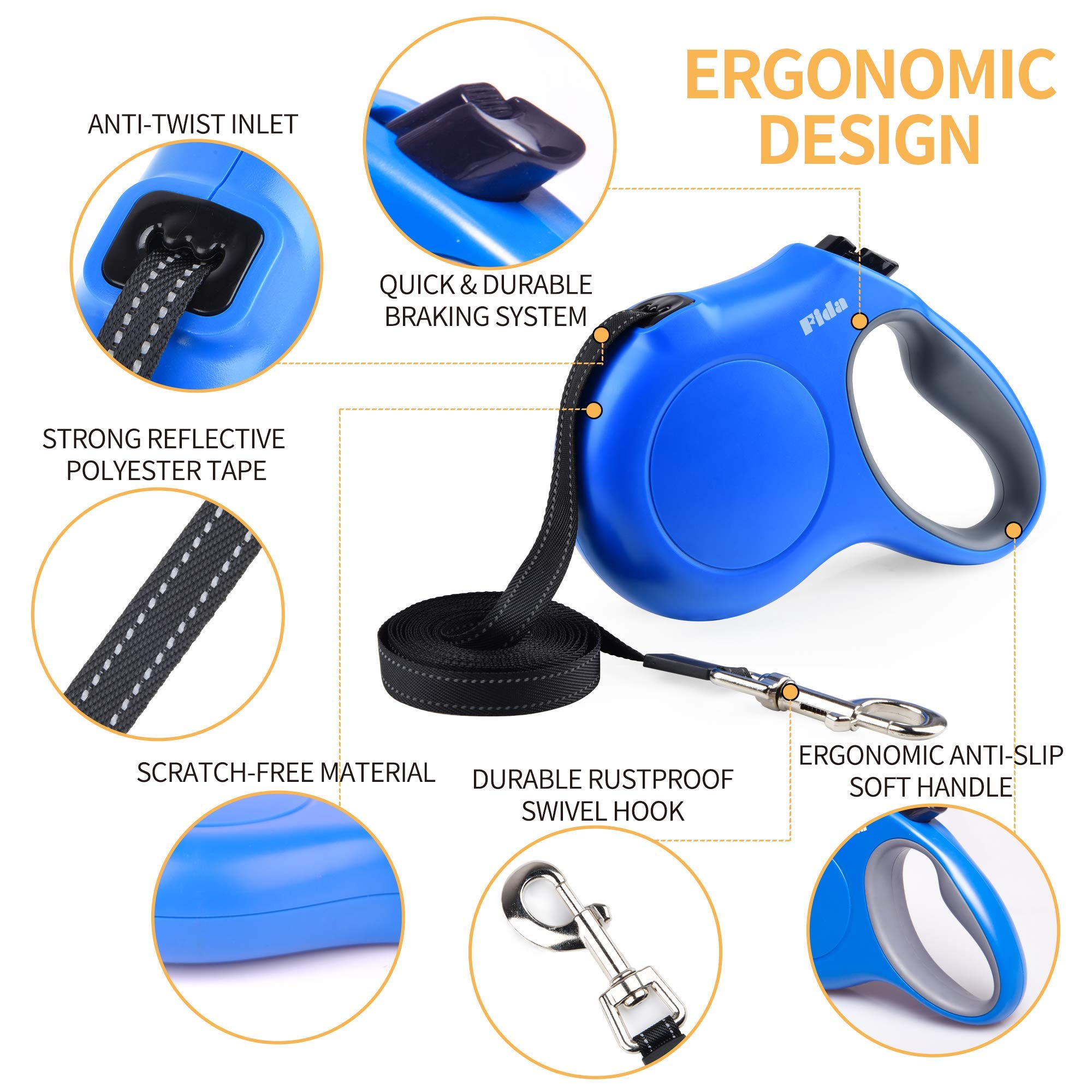 Fida Retractable Dog Leash With Dispenser And Poop Bags, 16 Ft Pet Walking Leash For Large Dog Up To 110 Lbs, Anti-Slip Handle, Tangle Free, Reflective Nylon Tape (L, Blue)