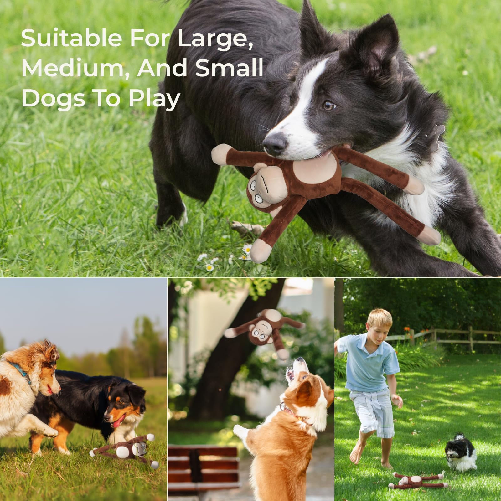 Monkey Squeaky Dog Toys with Crinkle Paper Stuffed Durable Tug of War Plush Cute Puppy Toys to Keep Them Busy for Small Medium L