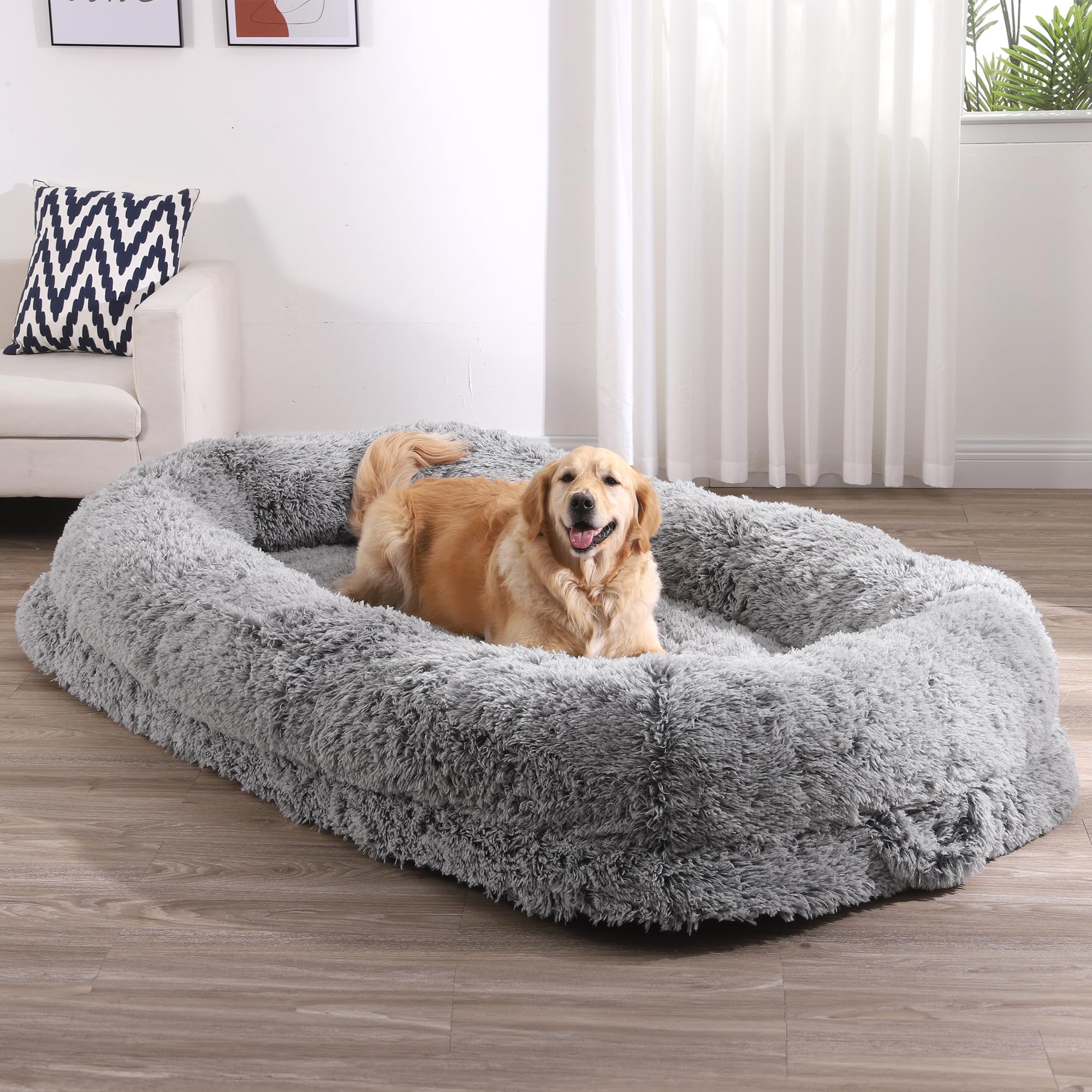 YITAHOME Human Dog Bed, 79x43 Extra Large Memory Foam Dog Beds for Adults and Pets with Blanket and Pillow, Washable Fur Cover,