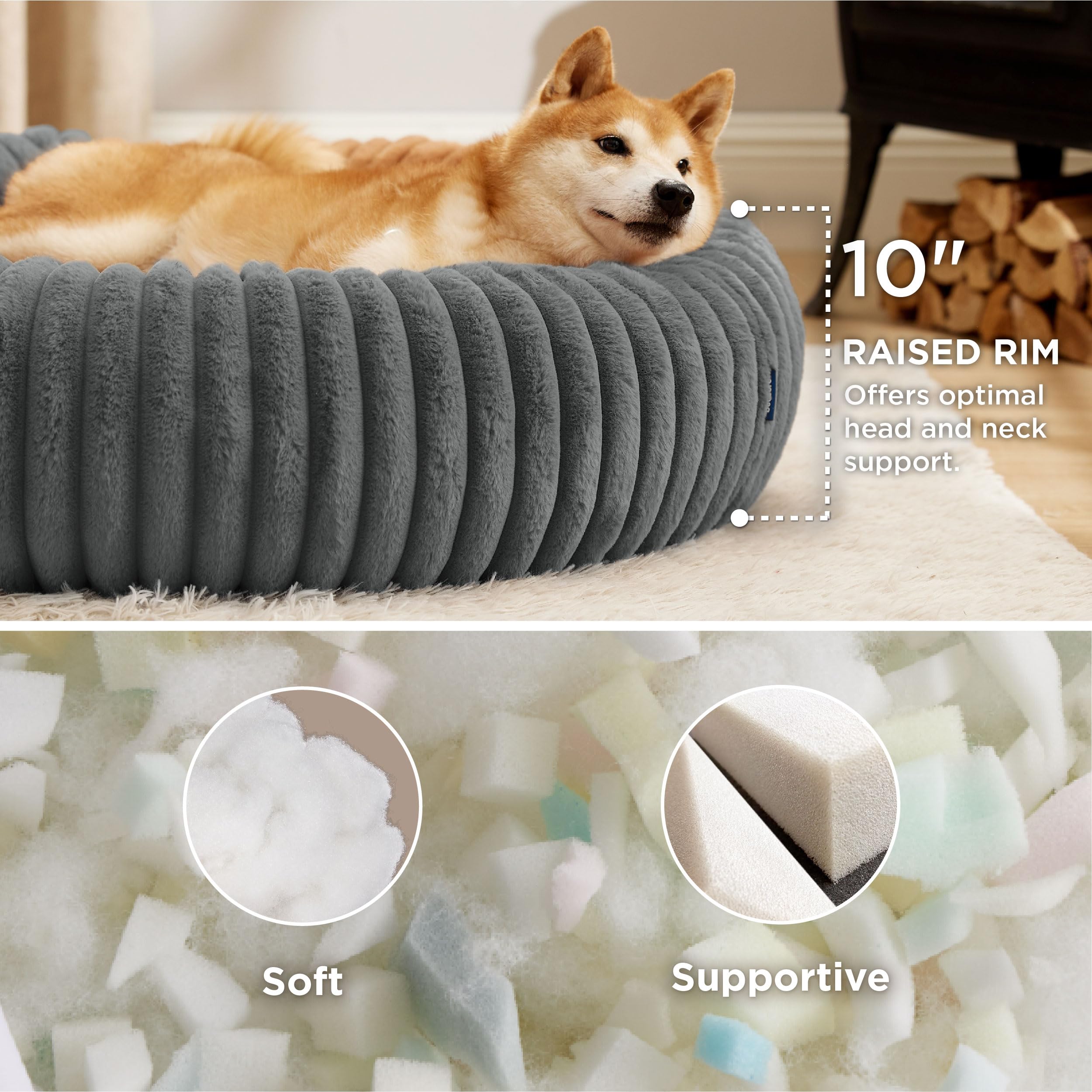 Bedsure Donut Large Dog Bed - Washable Faux Fur With Corduroy Fleece & Anti Slip Bottom, Round Pet Bed With Removable Cover, War