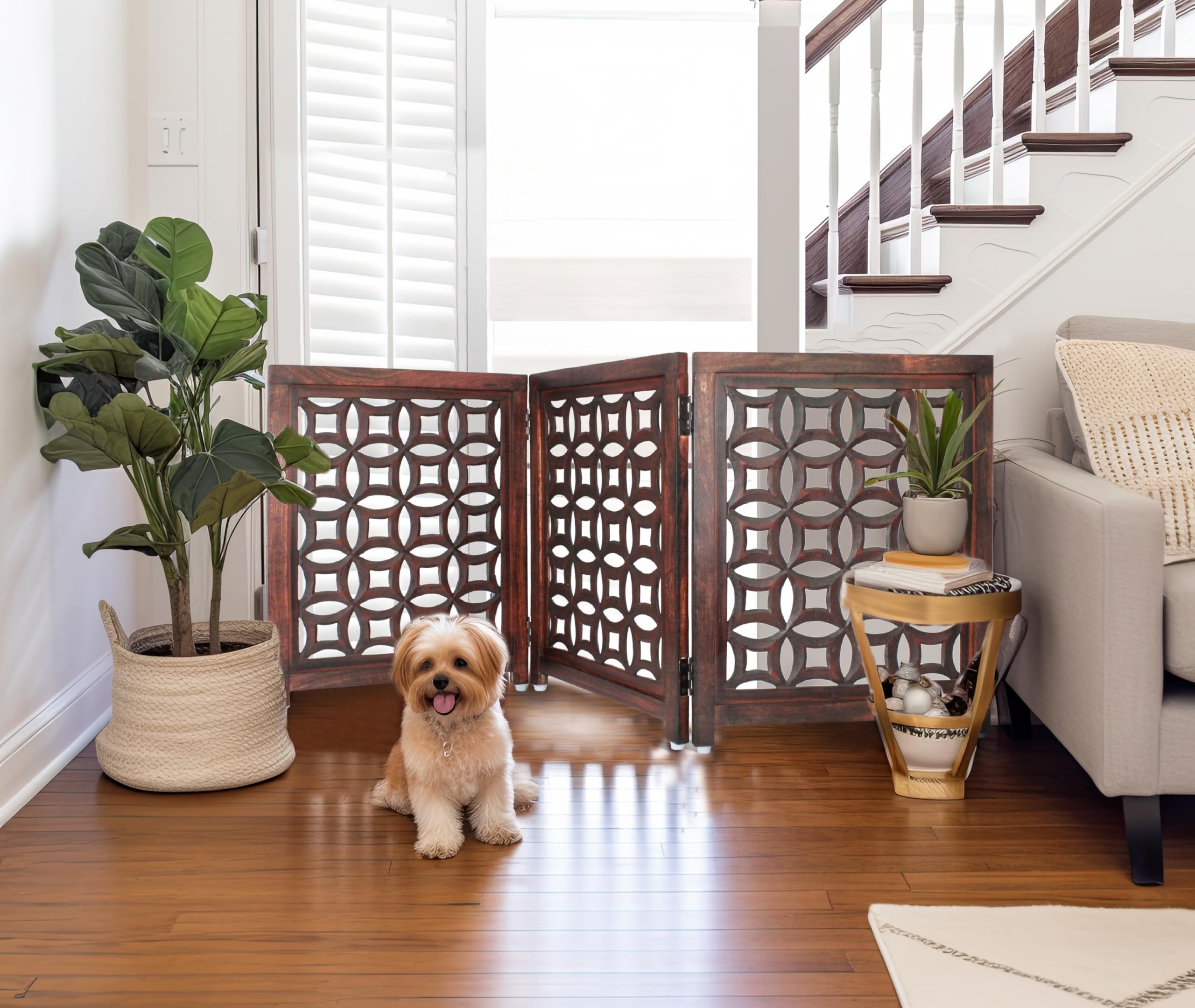 Wooden Foldable Pet Dog Safety Gate -3 Panels 20Wx24H- Hand Carved Solid Wood And MDF - Free Standing Portable Indoor Doorway Ha
