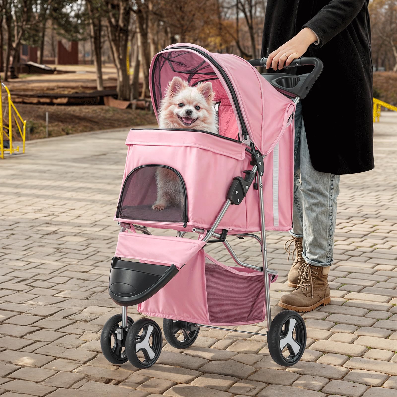 Monibloom 3-Wheels Foldable Pet Stroller With Waterproof Cover, Pet Strolling Cart For Small/Medium Dogs And Cats With Storage Basket And Cup Holder, Breathable And Visible Mesh For All-Season, Pink
