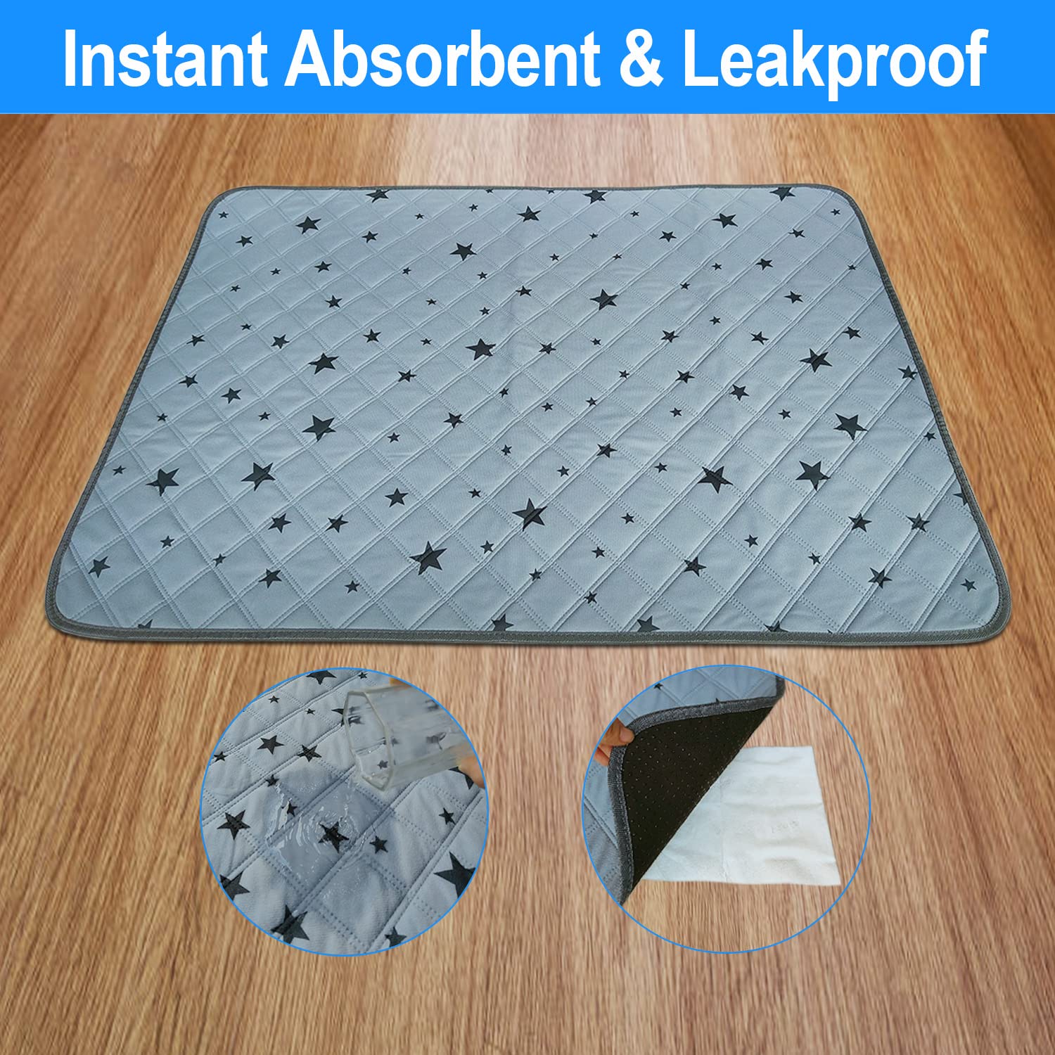 Rioussi Washable Pee Pads For Dogs, Reusable, Absorbent, Leakproof, Non Slip Pet Puppy Pads For Potty Training. Gray Stars, 48X6