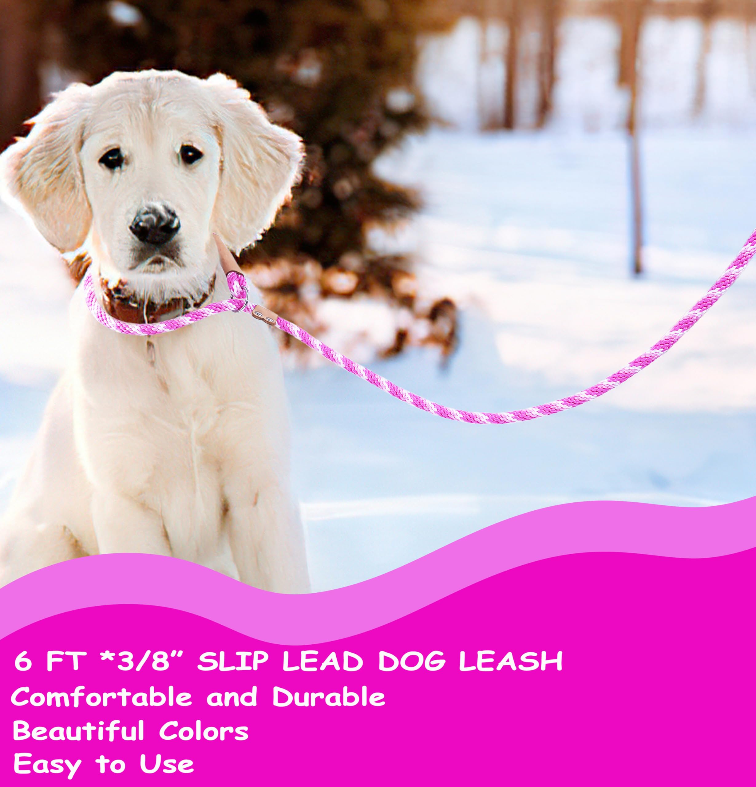 Classic Braided Rope Dog Leash - 6 Ft Slip Lead For Dogs (Pink, 3/8'')