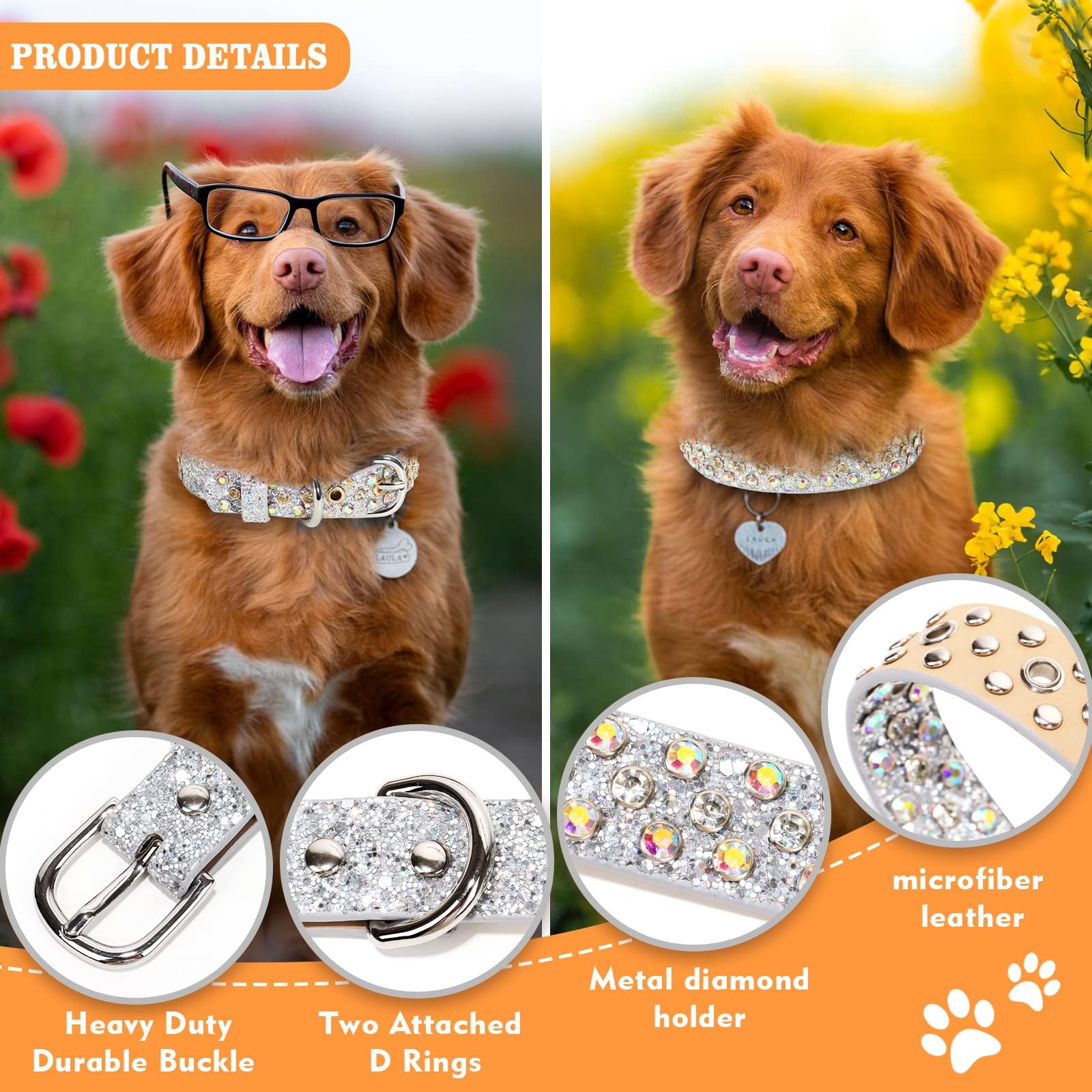 Octbersieg Rhinestone Dog Collar - Silver Bling With Sparkly Diamonds For Small, Medium & Large Dogs