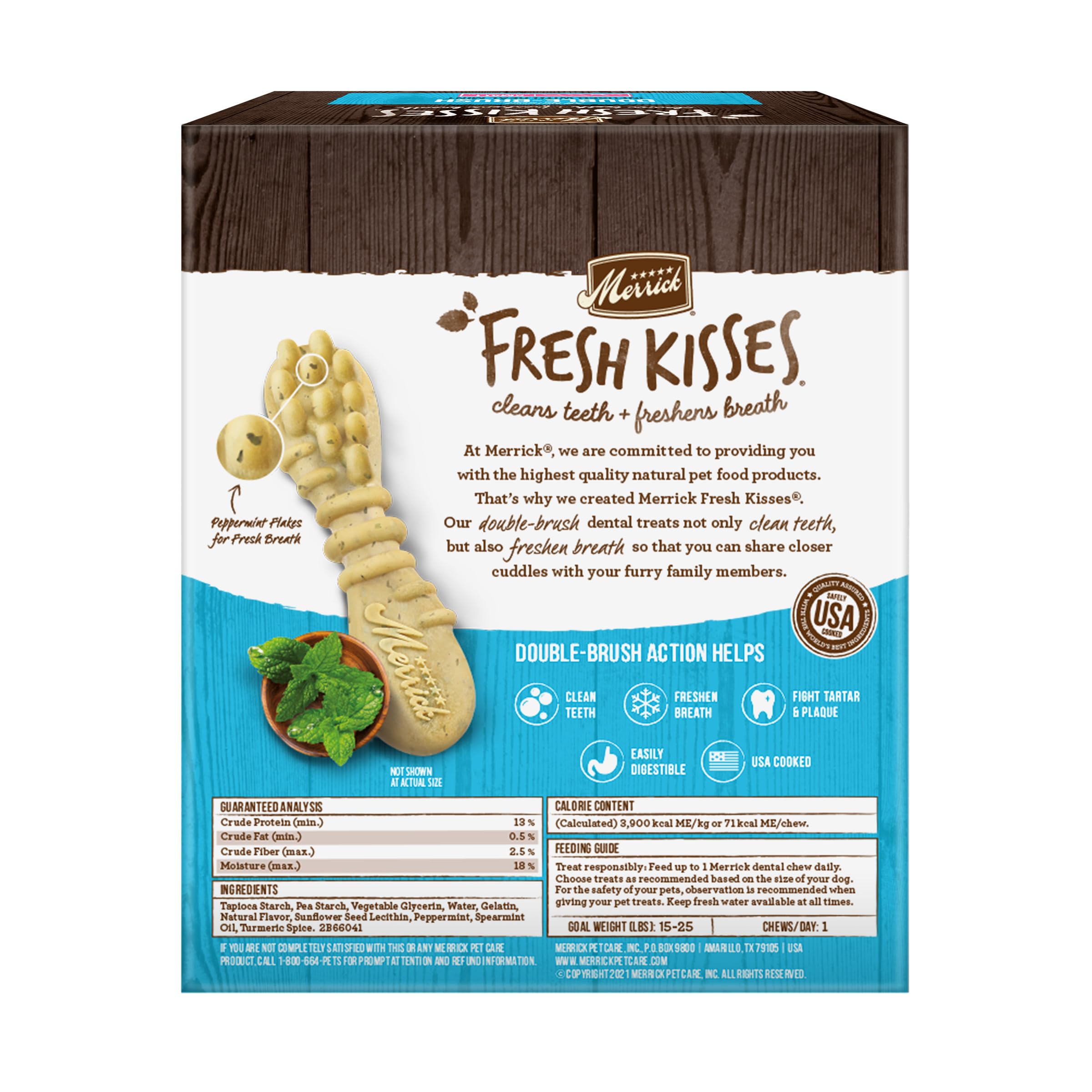 Merrick Fresh Kisses Natural Dental Chews, Toothbrush Treat Shape Infused With Real Mint, Small Dogs 15-25 Lbs - 36 ct. Box