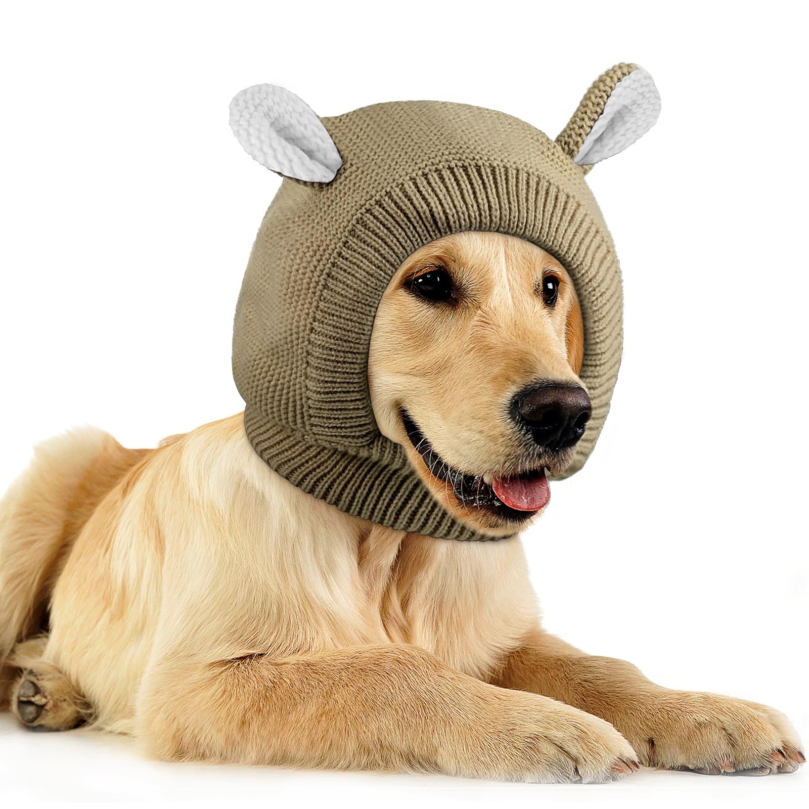 Quiet Ears for Dogs, Neck 14.96 Inch, Dog Ear Muffs Noise Protection Knitted Head Wrap Pet Hats for Medium to Large Pets(Dark Kh