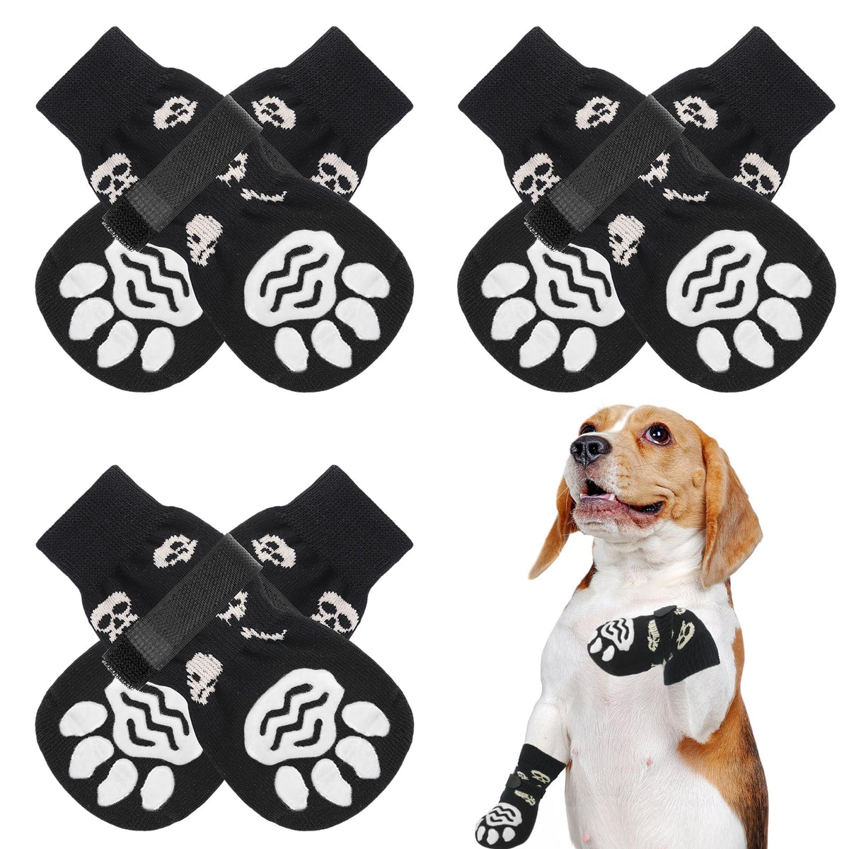 Pupteck Double Sides Anti-Slip Dog Socks Halloween Costumes, 3 Pairs Soft Paw Protector With Adjustable Straps, Strong Traction Control For Indoor Hardwood Floors