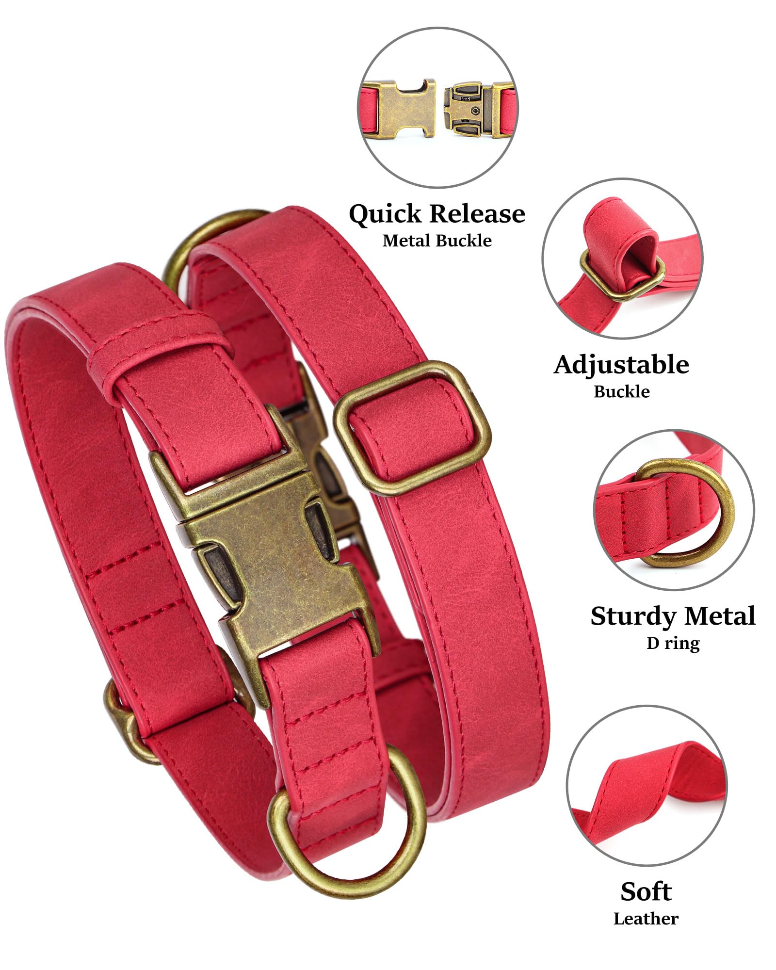 Didog Soft Leather Dog Collar, Durable Quick Released Dog Collars With Metal Buckle, Adjustable Red Pet Collar Faux Leather For