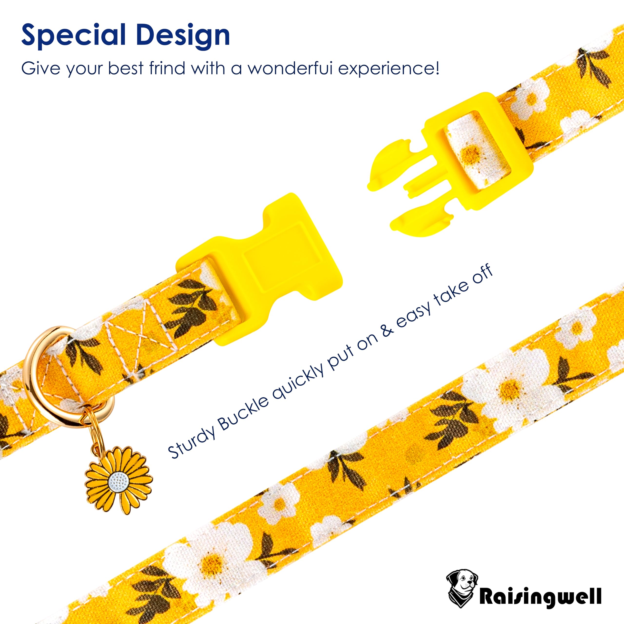 Raisingwell Cotton Dog Collar Yellow Flower Pattern For Boys And Girls Cute Dog Collars Summer Fall Gift Adjustable For Small To