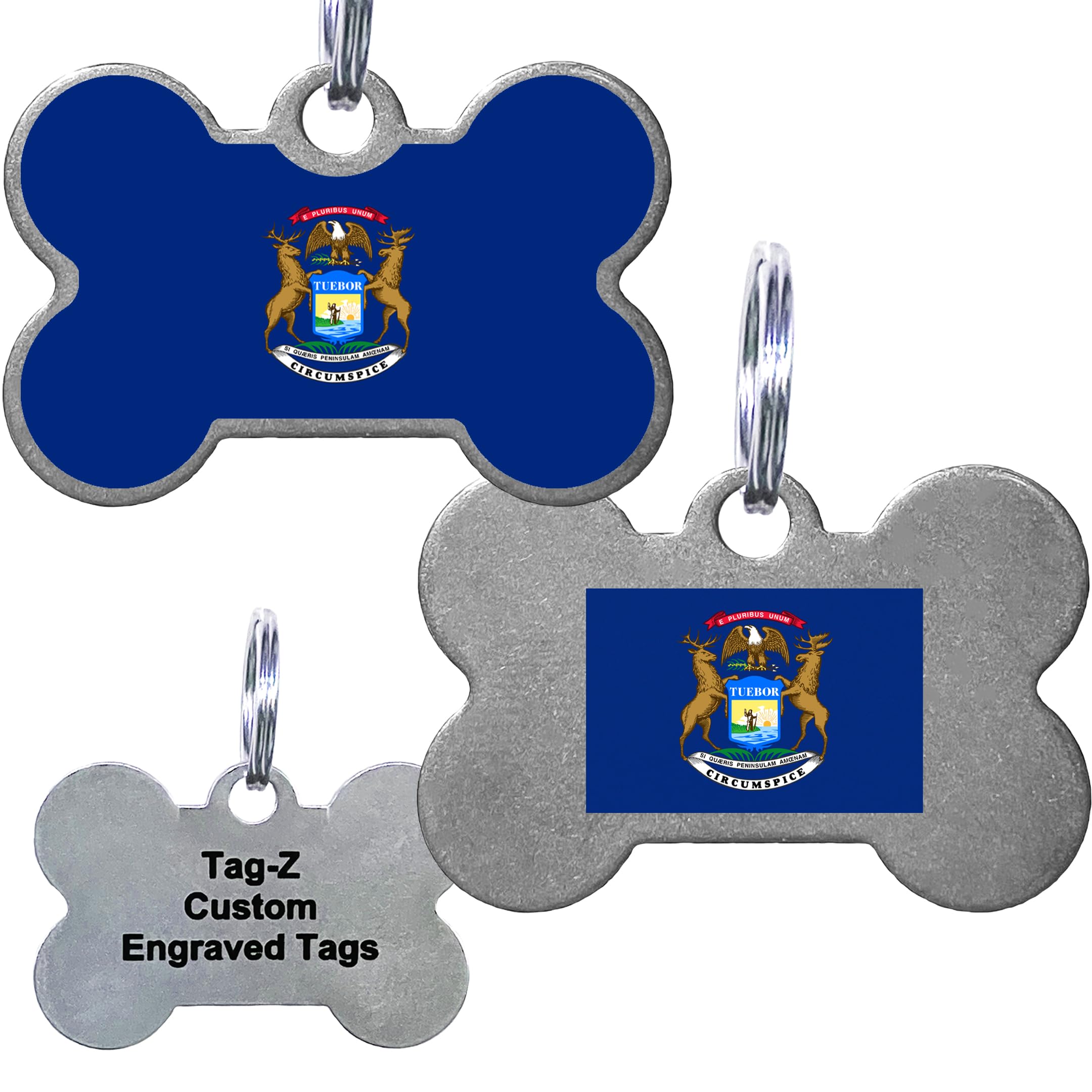 Michigan Flag Pet Id Tags, Custom Printed And Laser Engraved Bone