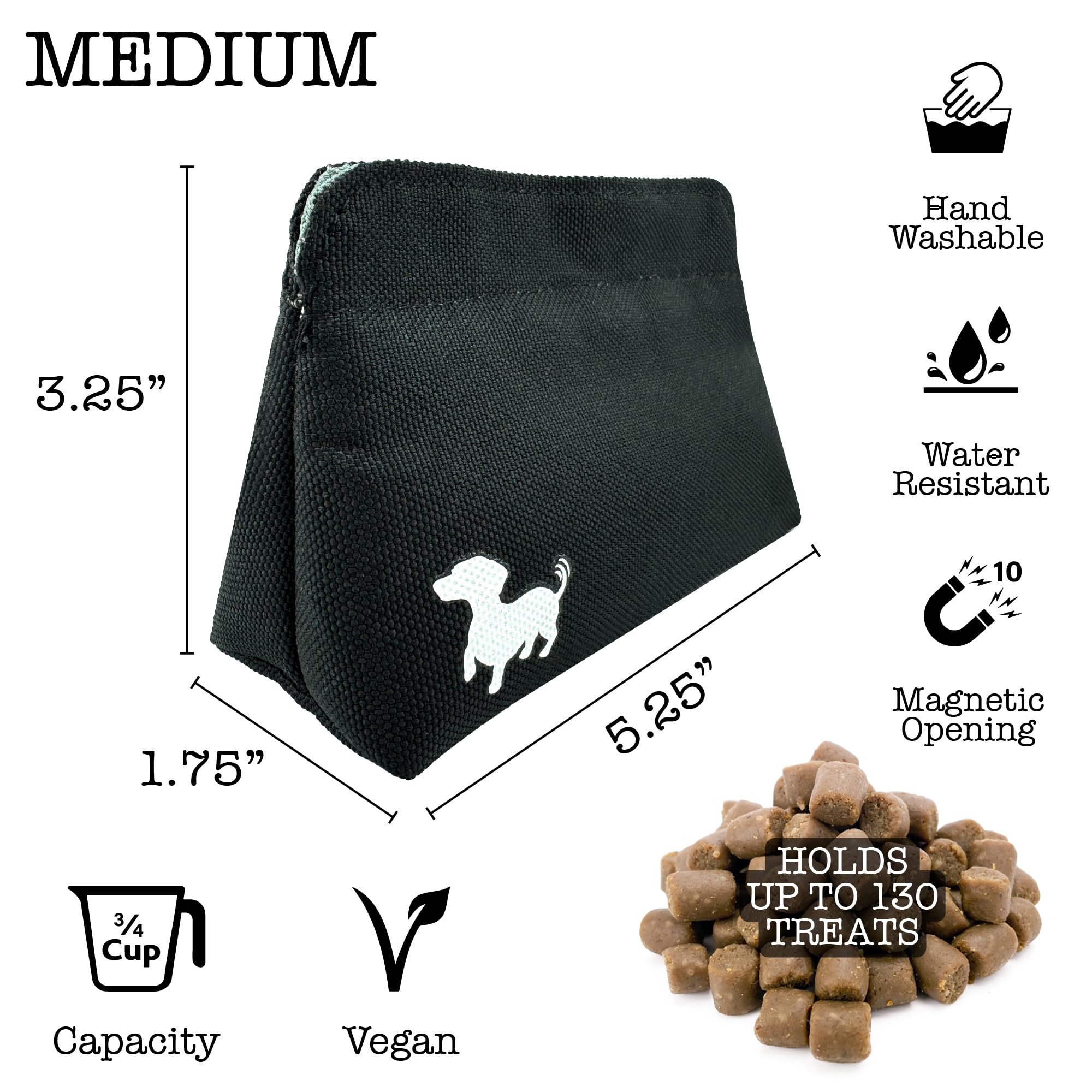 Swaggly Medium Dog Treat Pouch - Black with Gray Interior - Magnetic Closure Training Bag for Walking