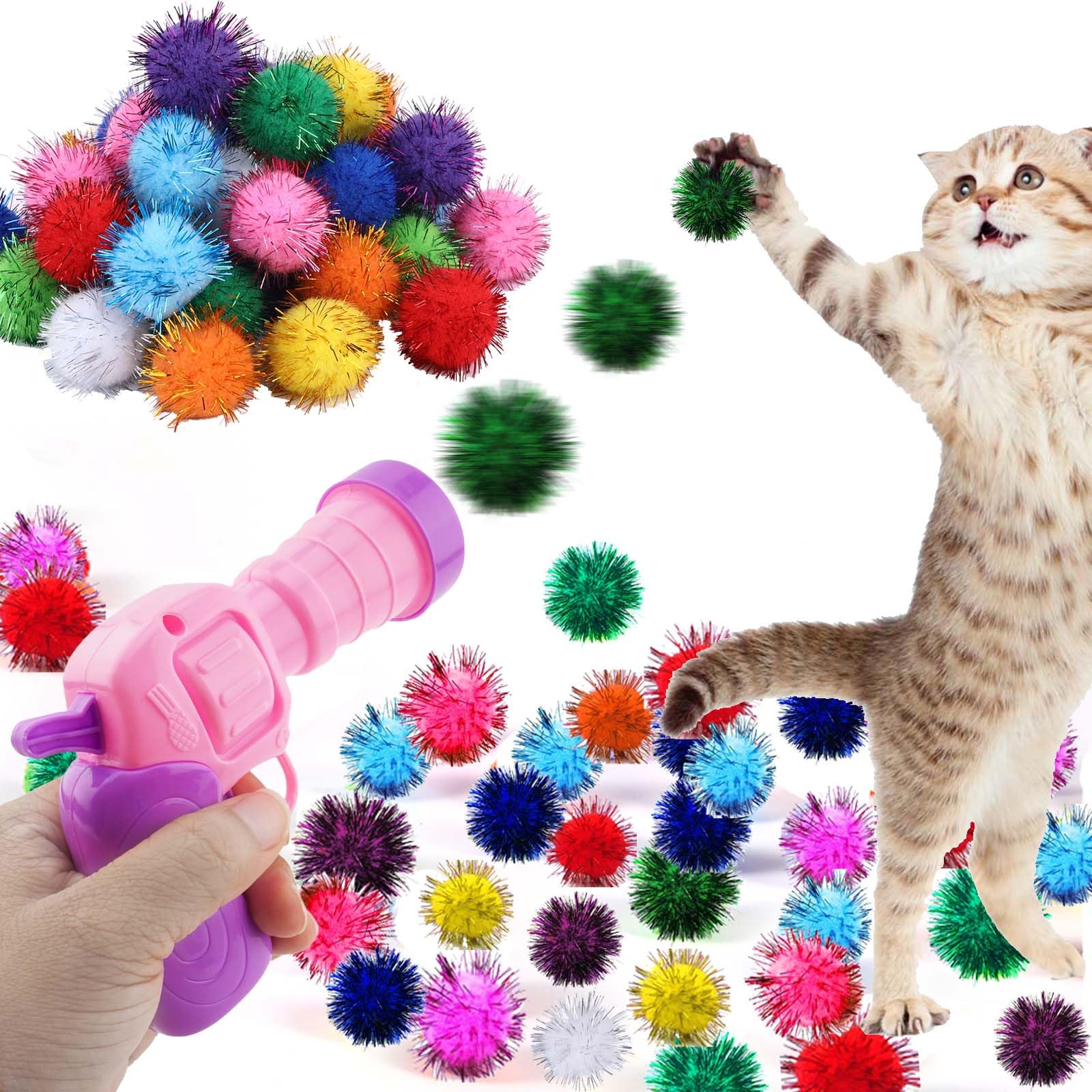 Dorhui Cat Toy Set - 30 Pcs Sparkle Pom Pom Balls With Launchers, Interactive Glitter Enrichment Toys For Indoor Cats And Kitty 