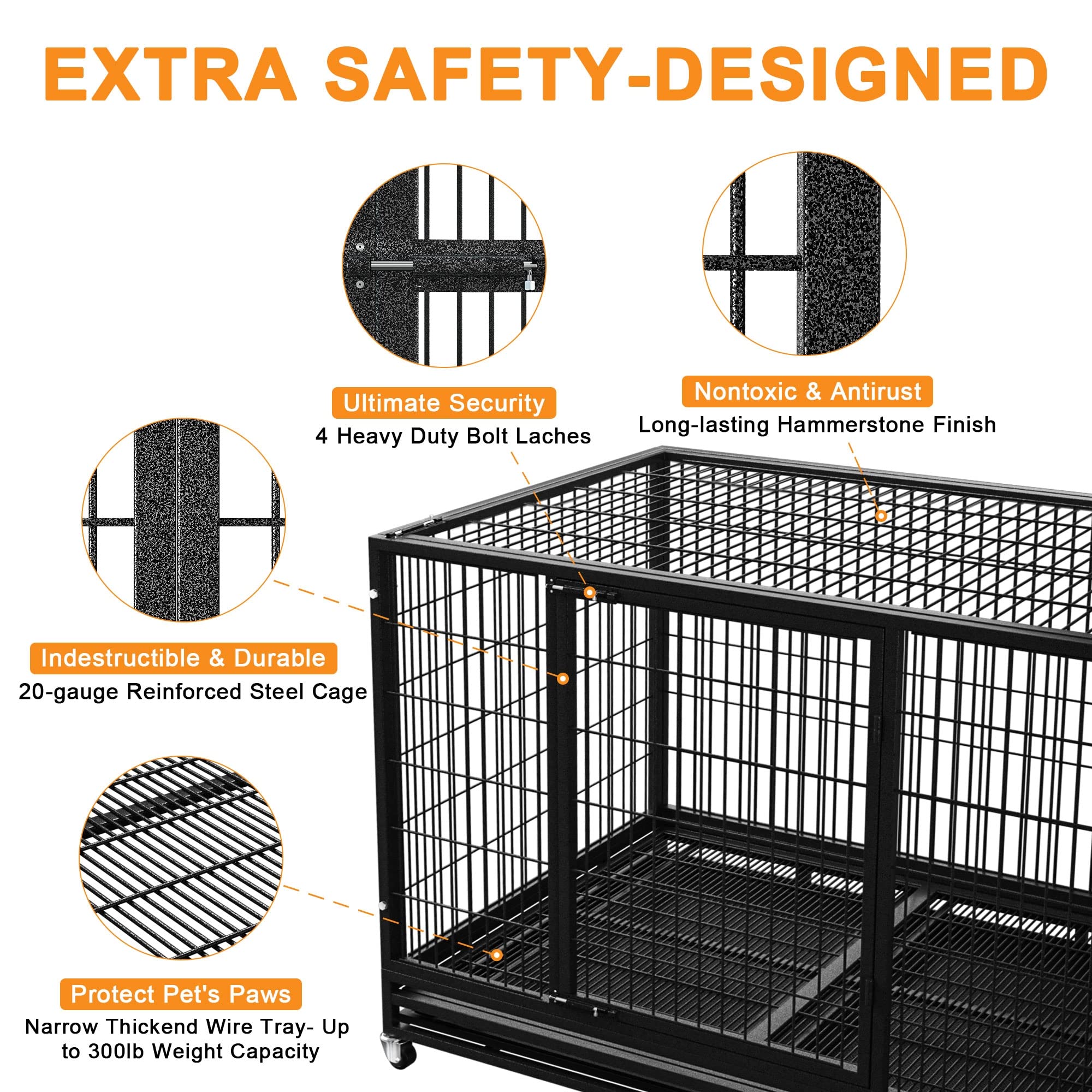 BOLDBONE 48/37 inch Heavy Duty Wire Dog Crate Cage Kennel for Large Dogs, High Anxiety Dog Crate with Removable Crate Trays, Whe