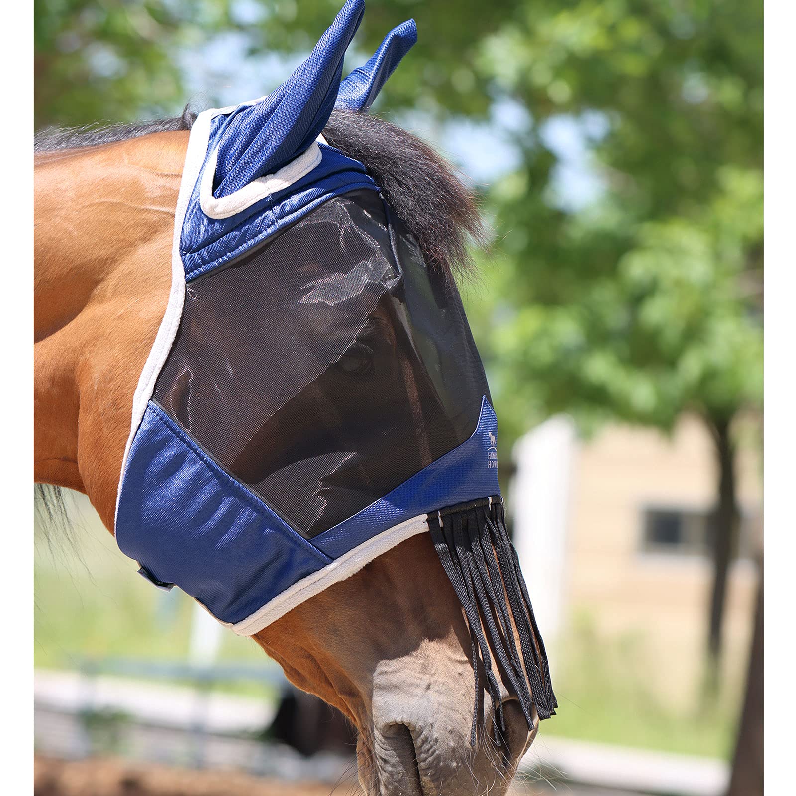 Harrison Howard CareMaster Horse Fly mask with Ears and Nose Fringe Fly Protector Defender Mask Navy Full Size