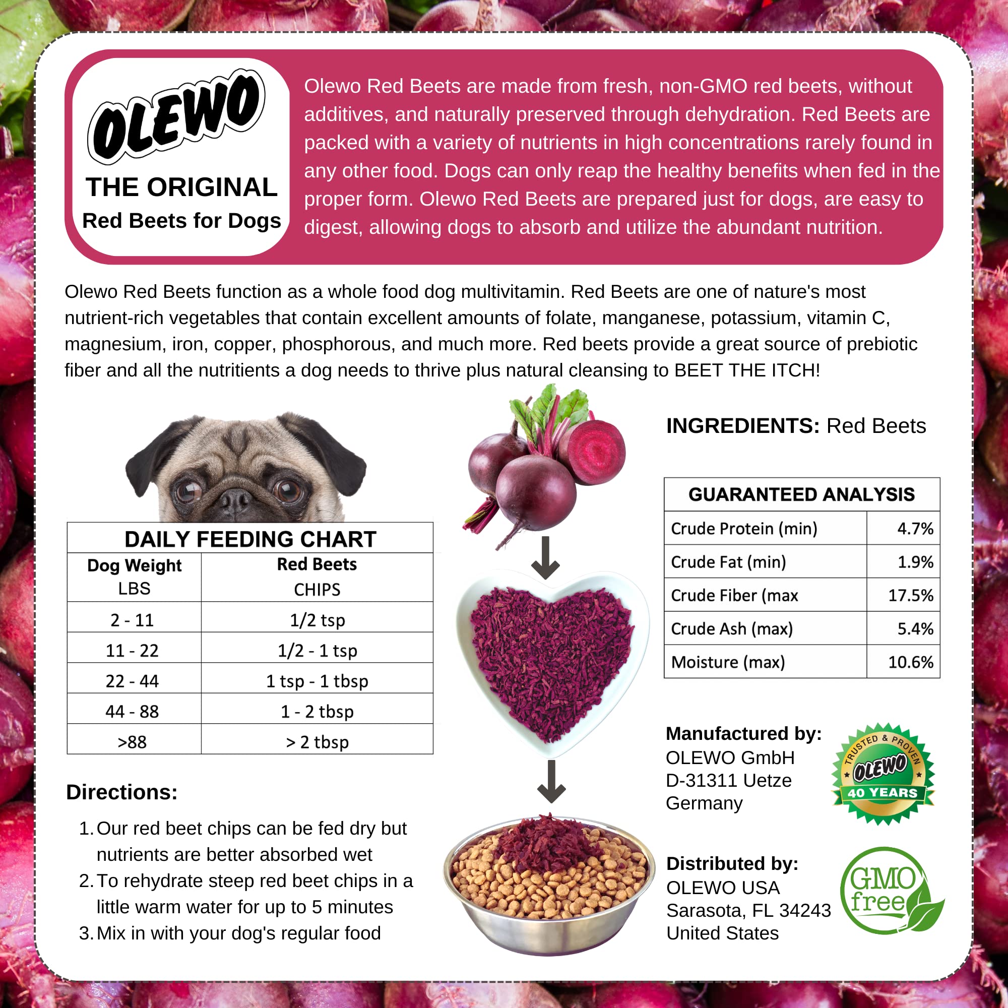 Olewo Original Red Beets for Dogs - Natural Anti Itch for Dogs, Dog Food Topper, Immune, Cleansing, Skin & Coat Support, Dehydra