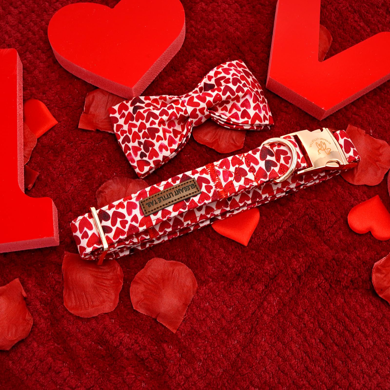 Elegant little tail Valentine's Dog Collar, Cute Red Heart Dog Collar with Bow for Small Dogs, Female or Male Adjustable Cotton
