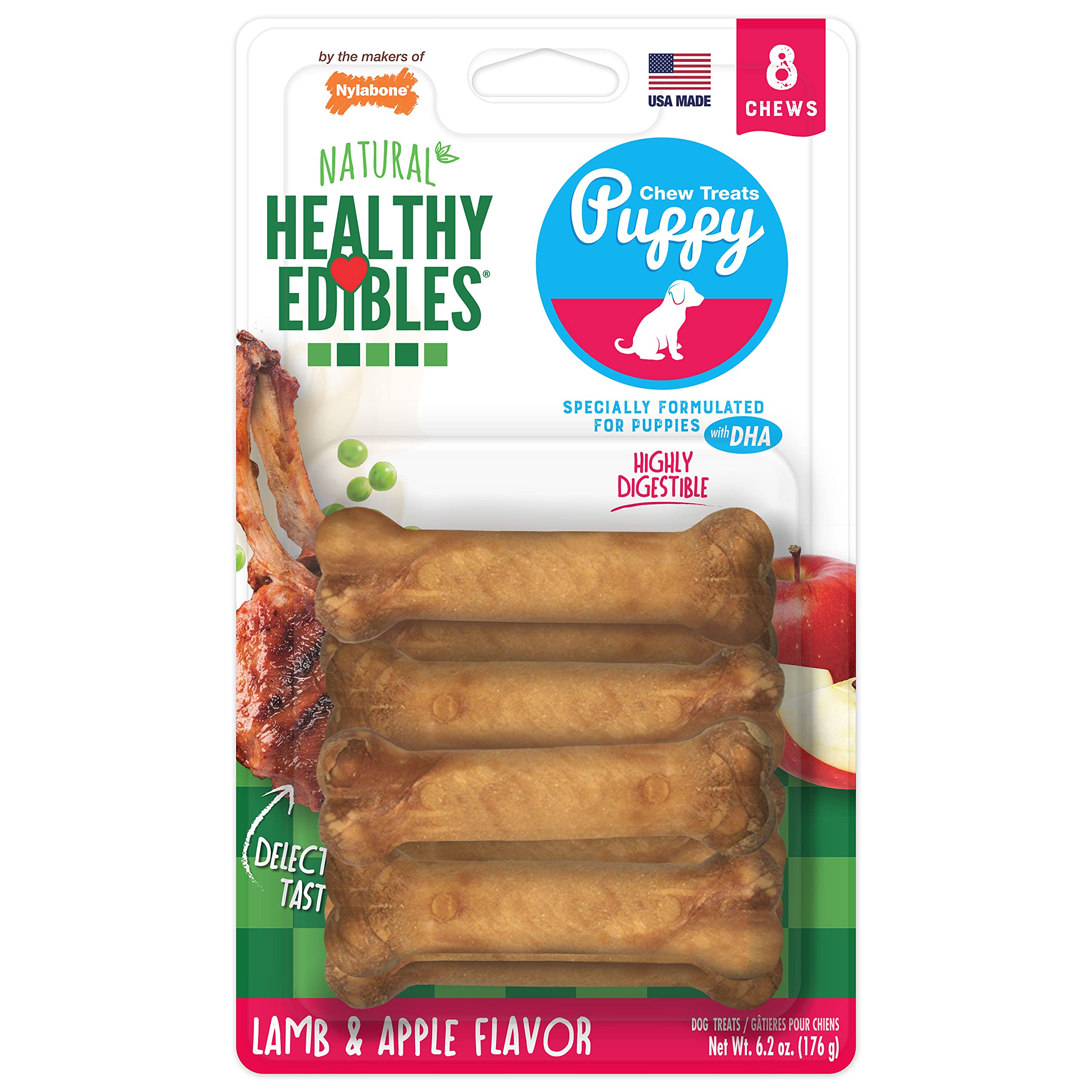 Nylabone Healthy Edibles Natural Puppy Chews Long Lasting Treats for Puppies, Lamb & Apple Flavor, X-Small/Petite (8 Count)