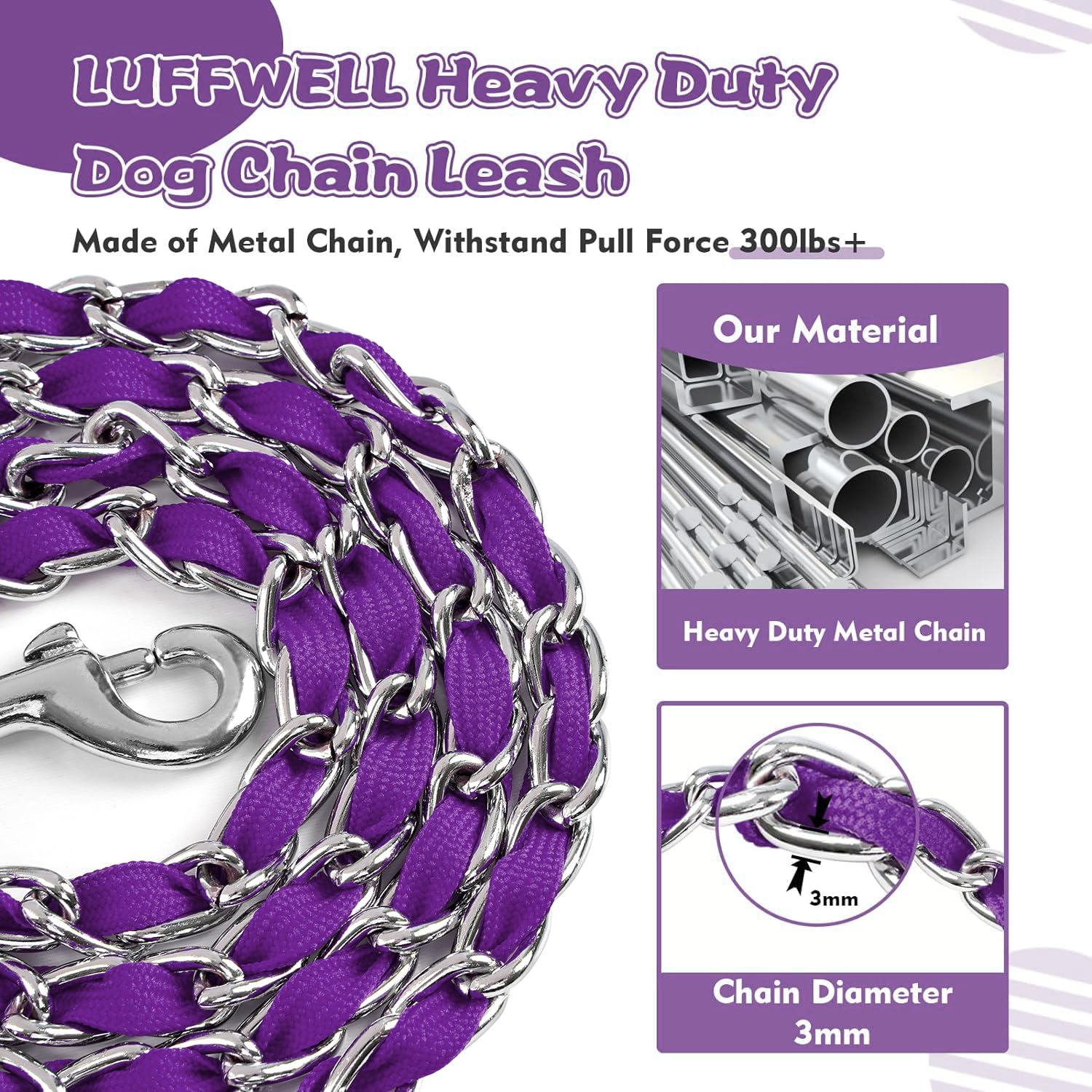 Luffwell Heavy Duty Metal Dog Chain Leash With Comfortable Pu Leather Padded Handle, Chew Proof, For Small Medium Dog Walking Tr