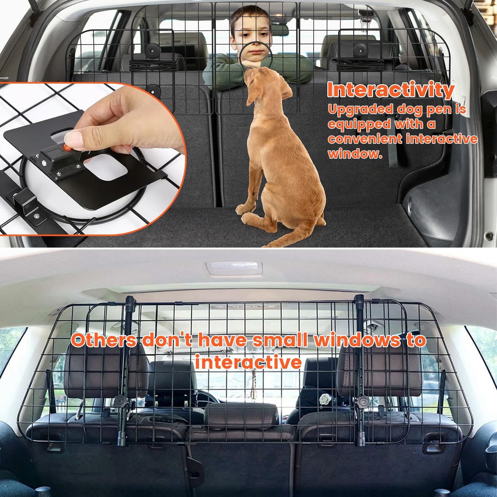 QuliMetal Dog Car Barriers for SUV, Human-Pets Interaction Window, 36.5'' to 60'' Adjustable, Heavy-Duty Wire Mesh Dog car Barri
