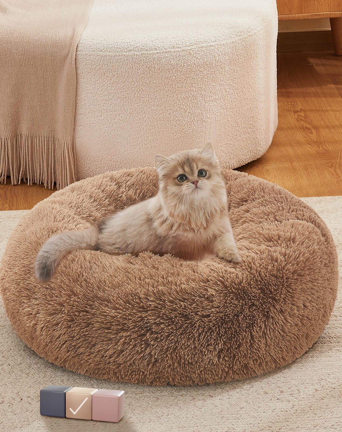 Ohgeni Calming Donut Cat Bed Pillow For Small Pets, Machine Washable Removable Cover, Comfort Plush Fluffy Faux Fur With Anti-Slip Bottom, Dogs-Friendly Round Cuddly Design, Ocher, 20 Inches