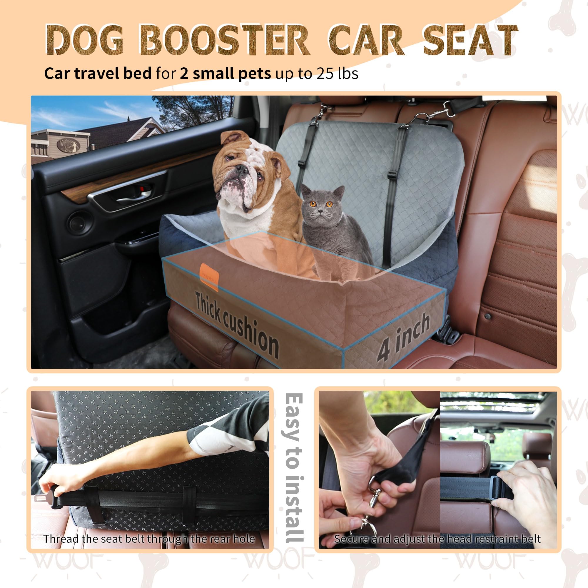 Dog Car Seat for Medium/Large Dogs Under 50 lbs,Contains 4 Inches of Memory Foam Pet Booster Seat with 2 Safety Leashes,Detachab