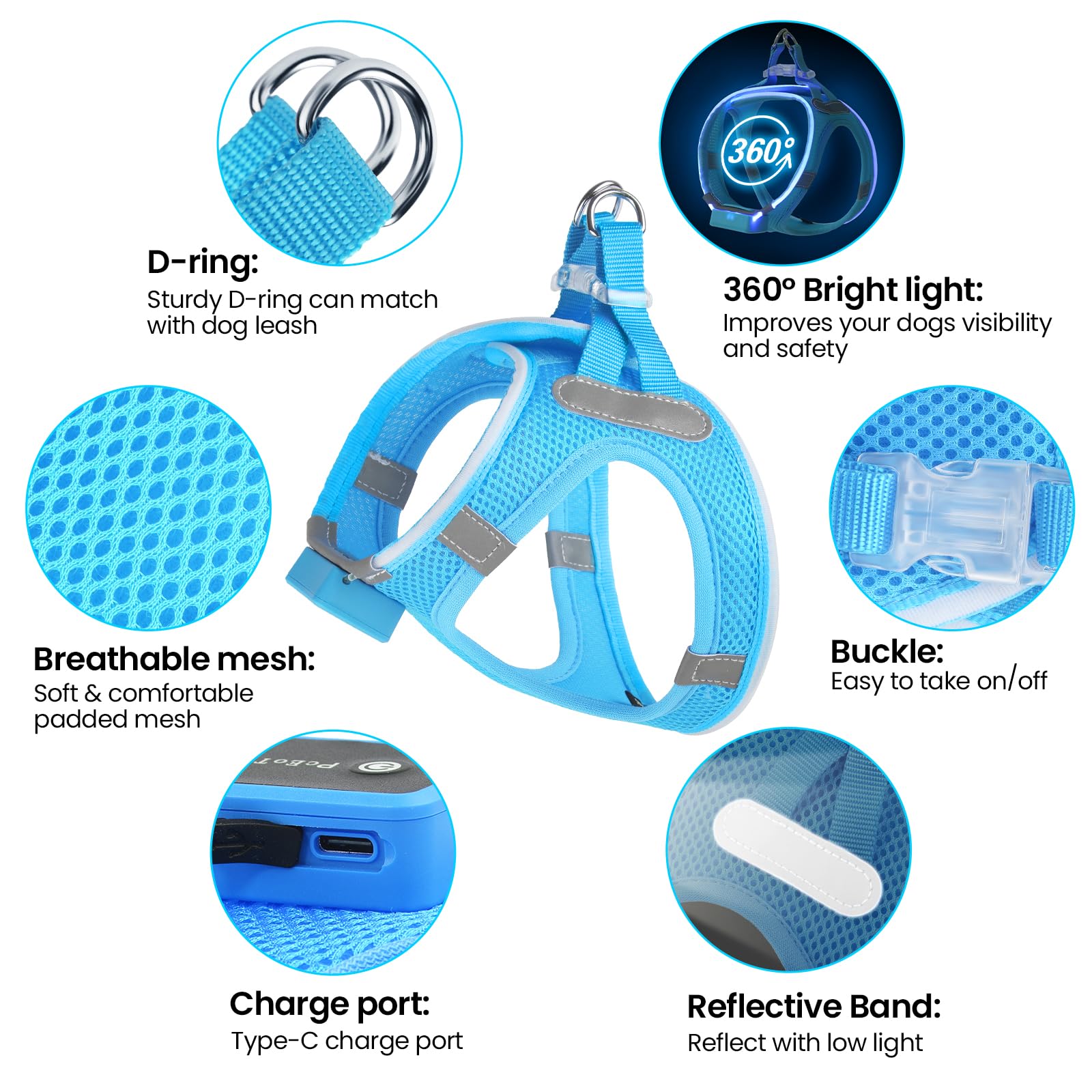 Pceotllar Light Up Dog Harness, Led Dog Harness For Puppy Small Medium Dogs, Rechargeable No Pull Reflective Dog Harness, Flashi