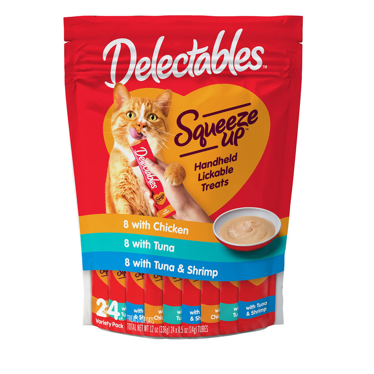 Hartz Delectables Squeeze Up Interactive Lickable Wet Cat Treats For Adult & Senior Cats, Tuna & Shrimp, 24 Count, 12 Ounces