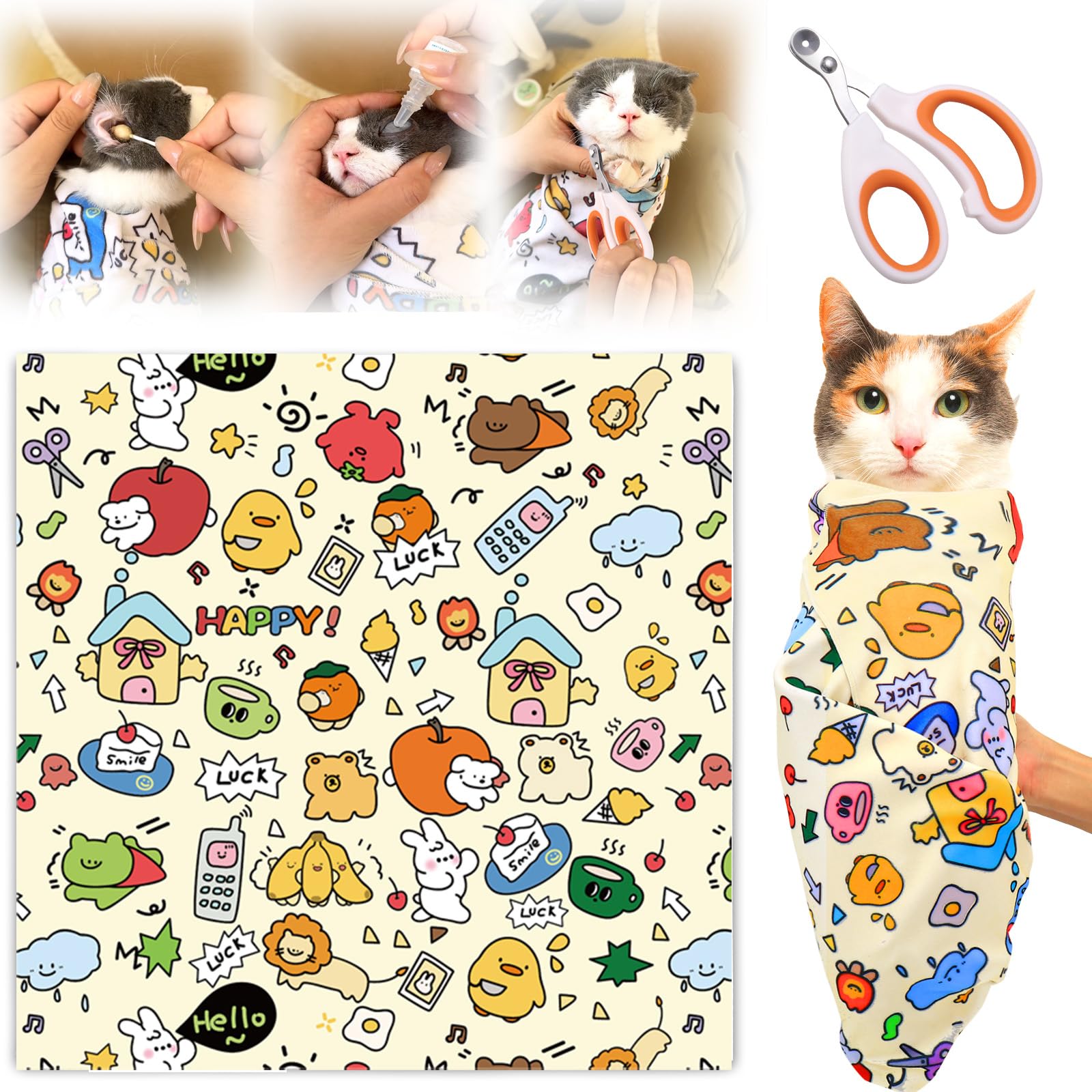 Xangnier Cat Grooming Wrap With Cat Nail Clippers -Self-Adhesive Cat Swaddle For Nail Clipping, Anti-Scratch & Anti-Escape Cat R