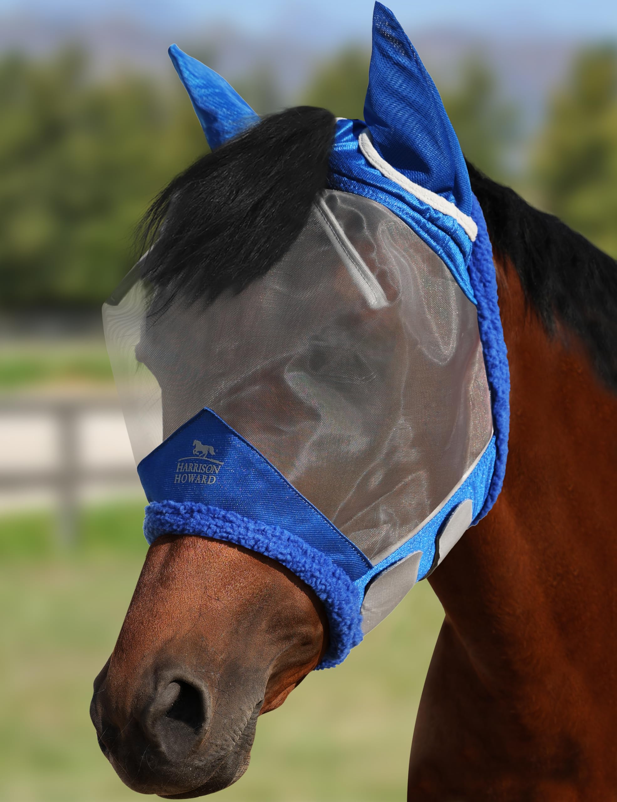 Harrison Howard CareMaster Horse Fly Mask UV Protective Fine Mesh with Extra Wool Soft Touch on Skin Champion Blue M