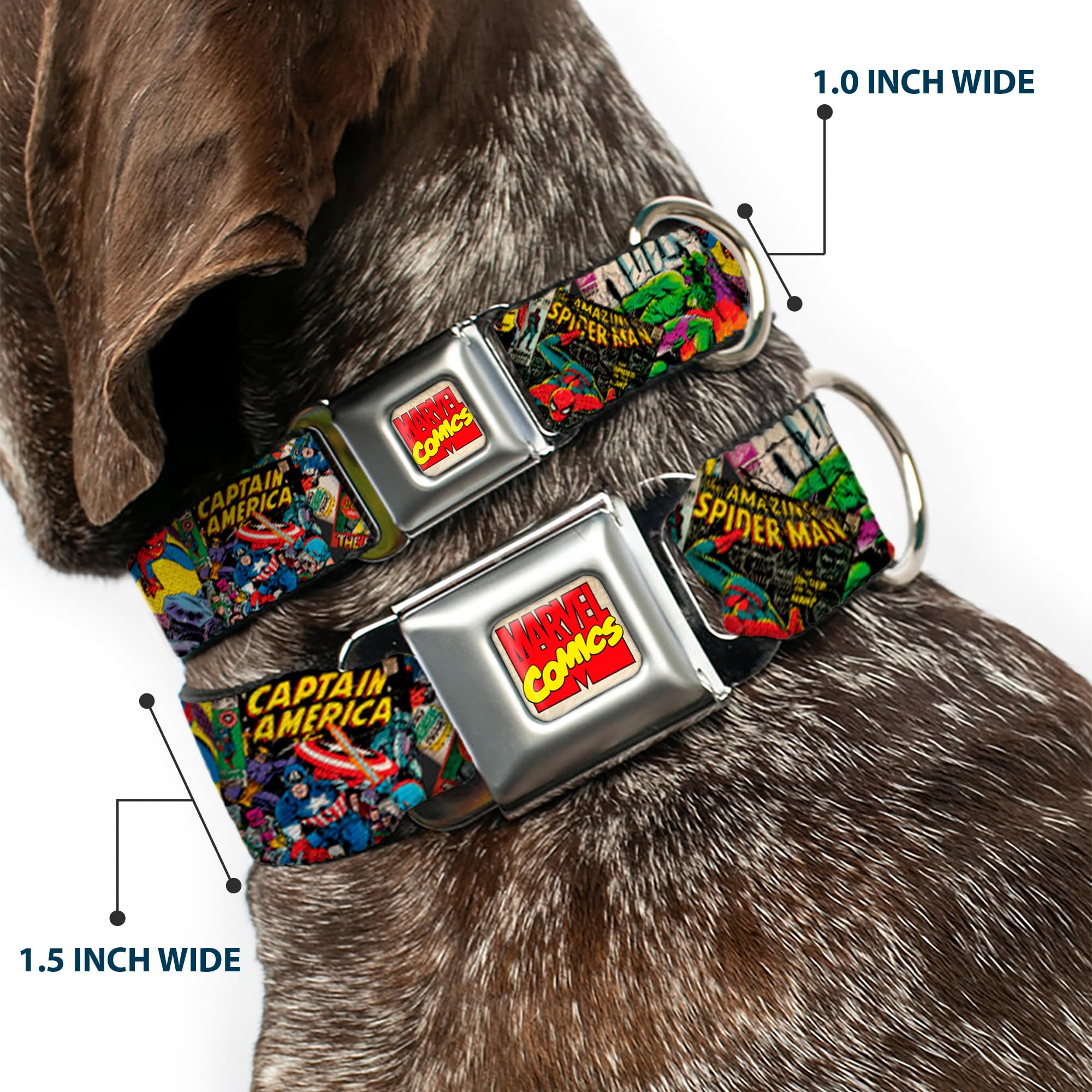Buckle-Down Seatbelt Buckle Dog Collar - Retro Marvel Comic Books Stacked Close-Up - 1'' Wide - Fits 11-17'' Neck - Medium, Mult