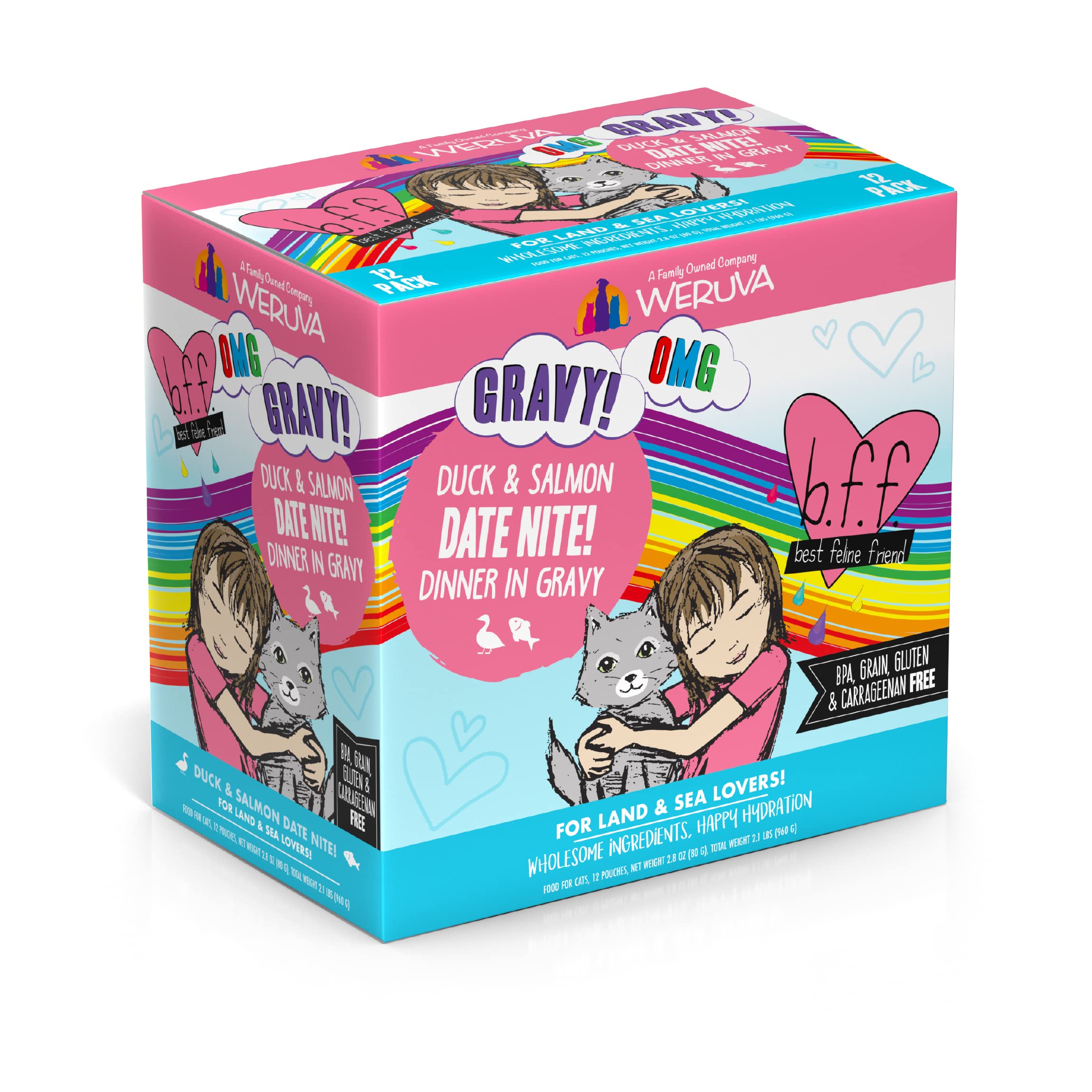 Weruva B.F.F. OMG - Best Feline Friend Oh My Gravy!, Date Nite! with Duck & Salmon in Gravy Cat Food, 2.8oz Pouch (Pack of 12)