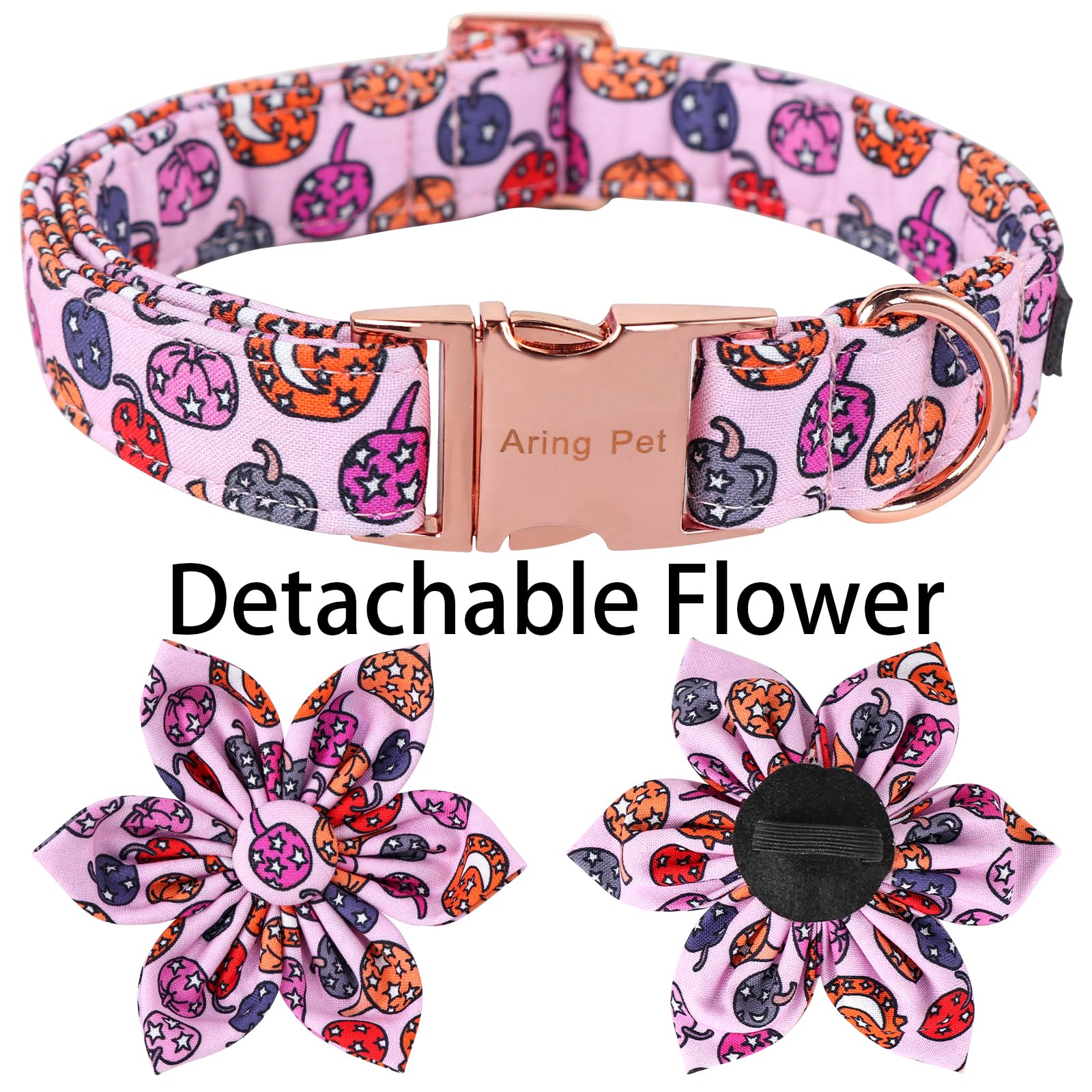 Aring Pet Halloween Dog Collar-Cute Pink Pumpkin Dog Collar With Flower, Adjustable Cotton Halloween Pumpkin Lamp Dog Collar Flower With Metal Buckle