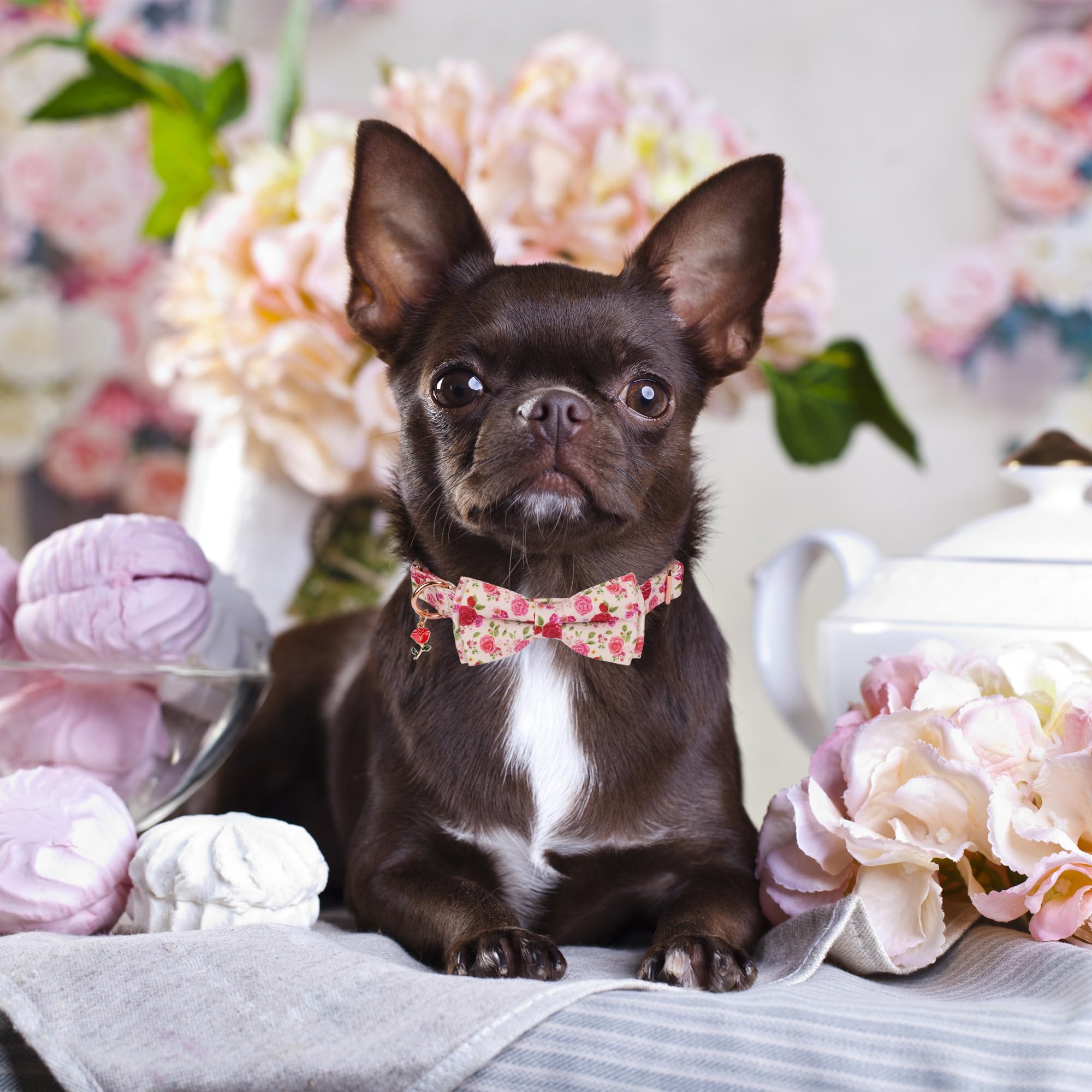 Adoggygo Floral Dog Collar With Bow, Red Pink Rose Flower Dog Bow Collar With Metal Buckle, Adjustable Pet Floral Collars For Ex