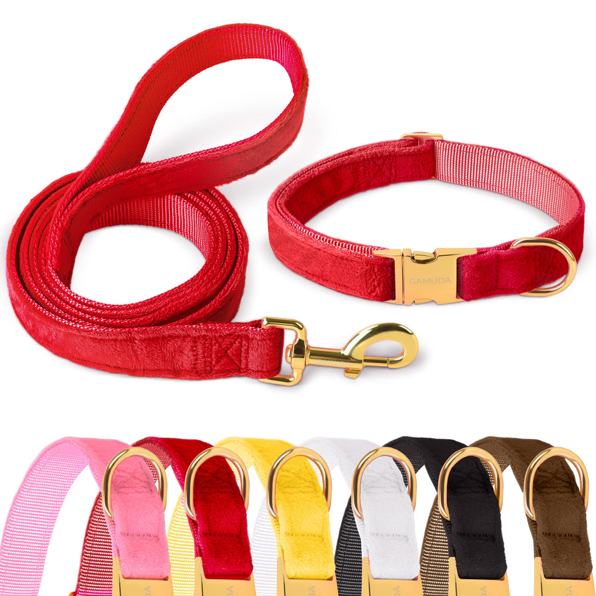 Gamuda Velvet Dog Collar And Leash, Super Soft And Smooth, Heavy Duty Gold Buckle, Comfortable And Easy To Clean, Adjustable Collar For Dog (Xl, Red)