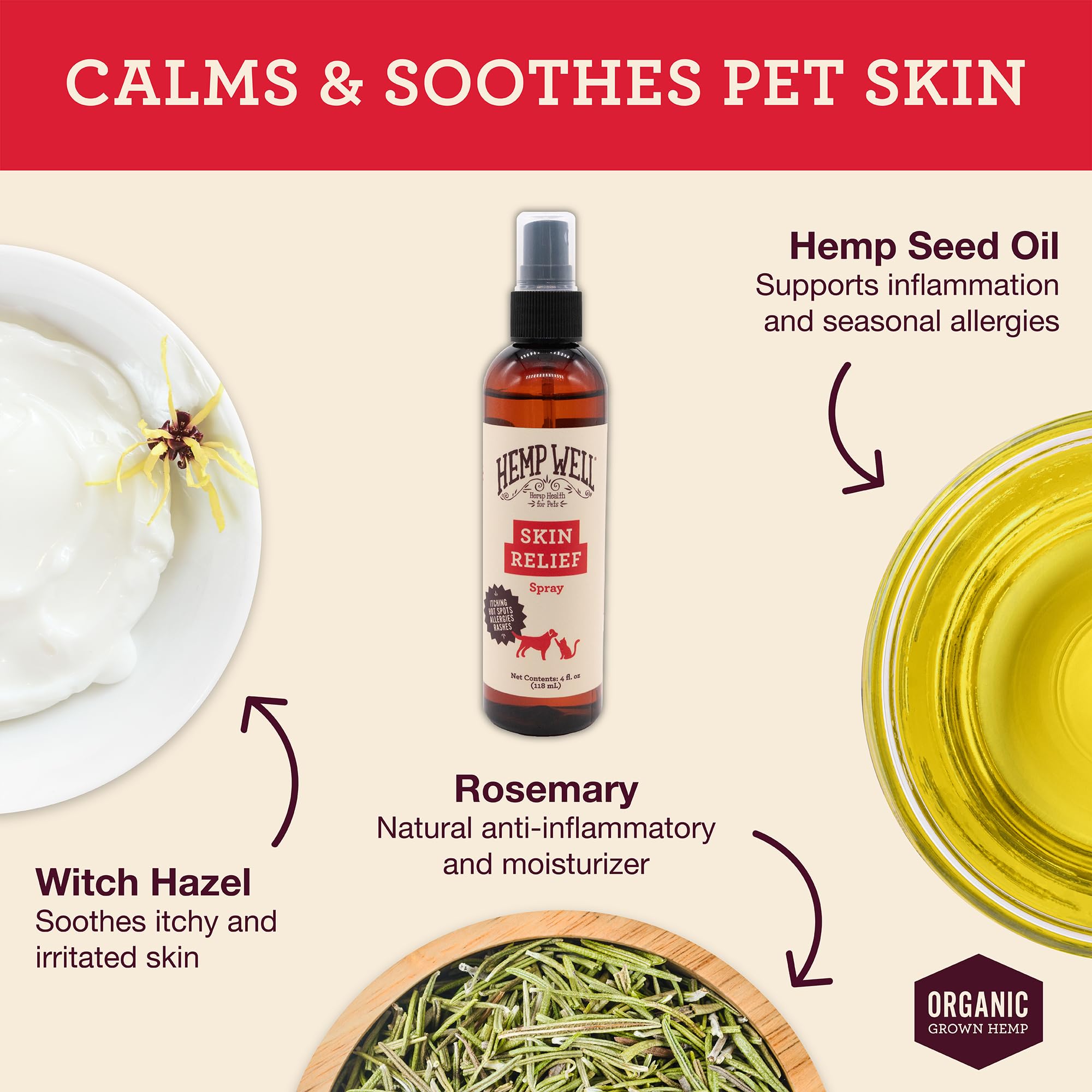 Hemp Well Skin Itch Relief Spray for Dogs and Cats - Hemp Seed Oil, Witch Hazel, Rosemary Oil