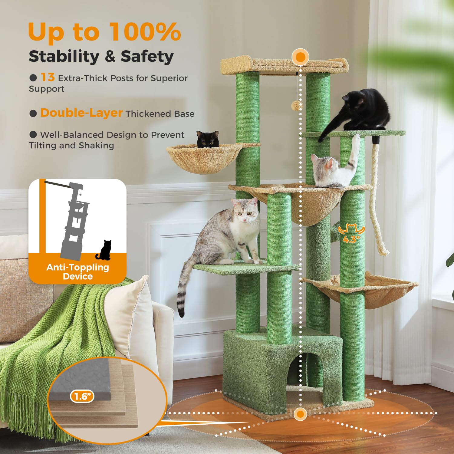 Muttros Cactus Cat Tree For Large Indoor Cats - 67 Tall Cat Tower With 13 Thick (F4.3In) Scratching Posts, Spacious Top Bed, M