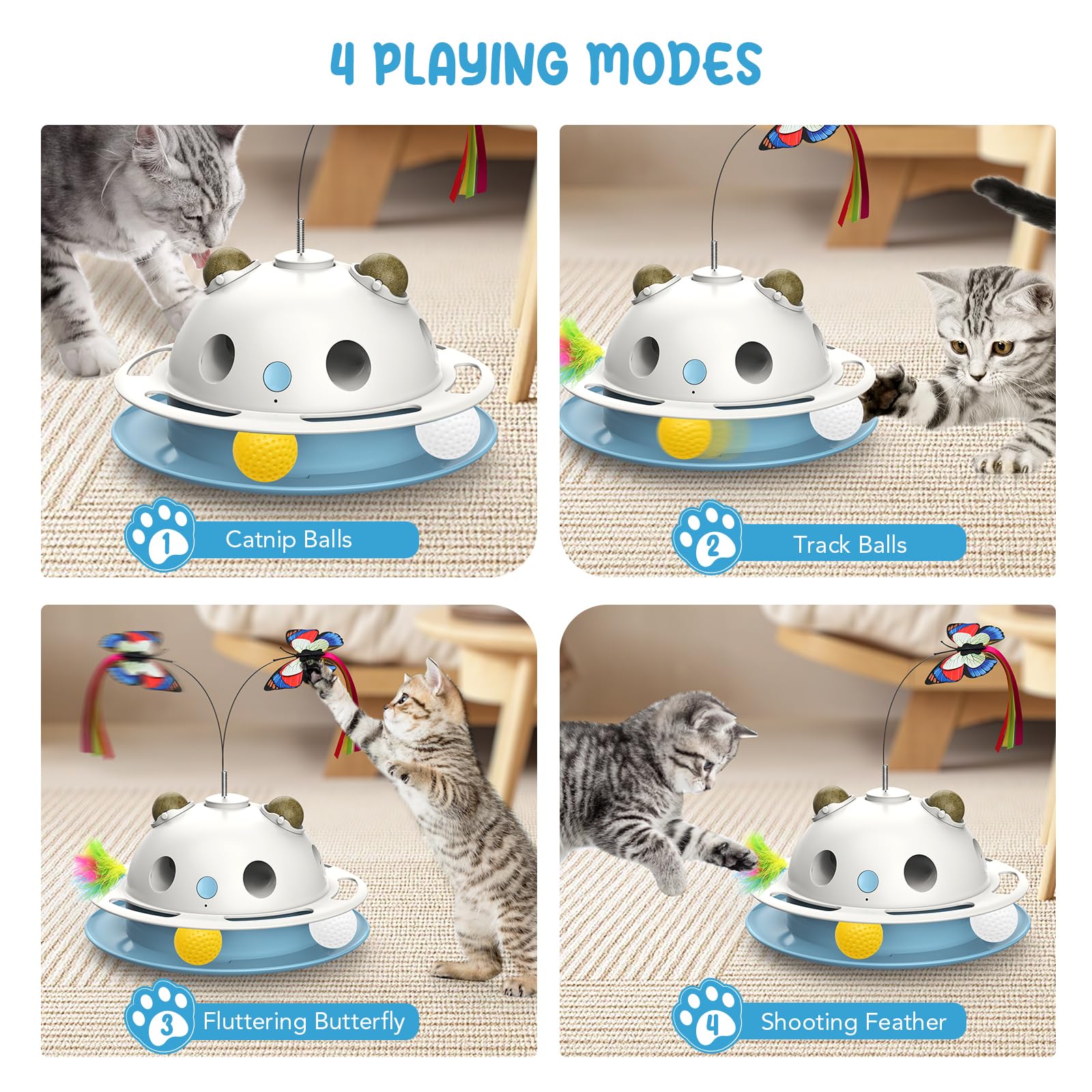Spoven 4 In1 Cat Toys, Smart Automatic Interactive Kitten Toy With Shooting Feather, Butterfly, Catnip Balls, Usb Powered Cat To
