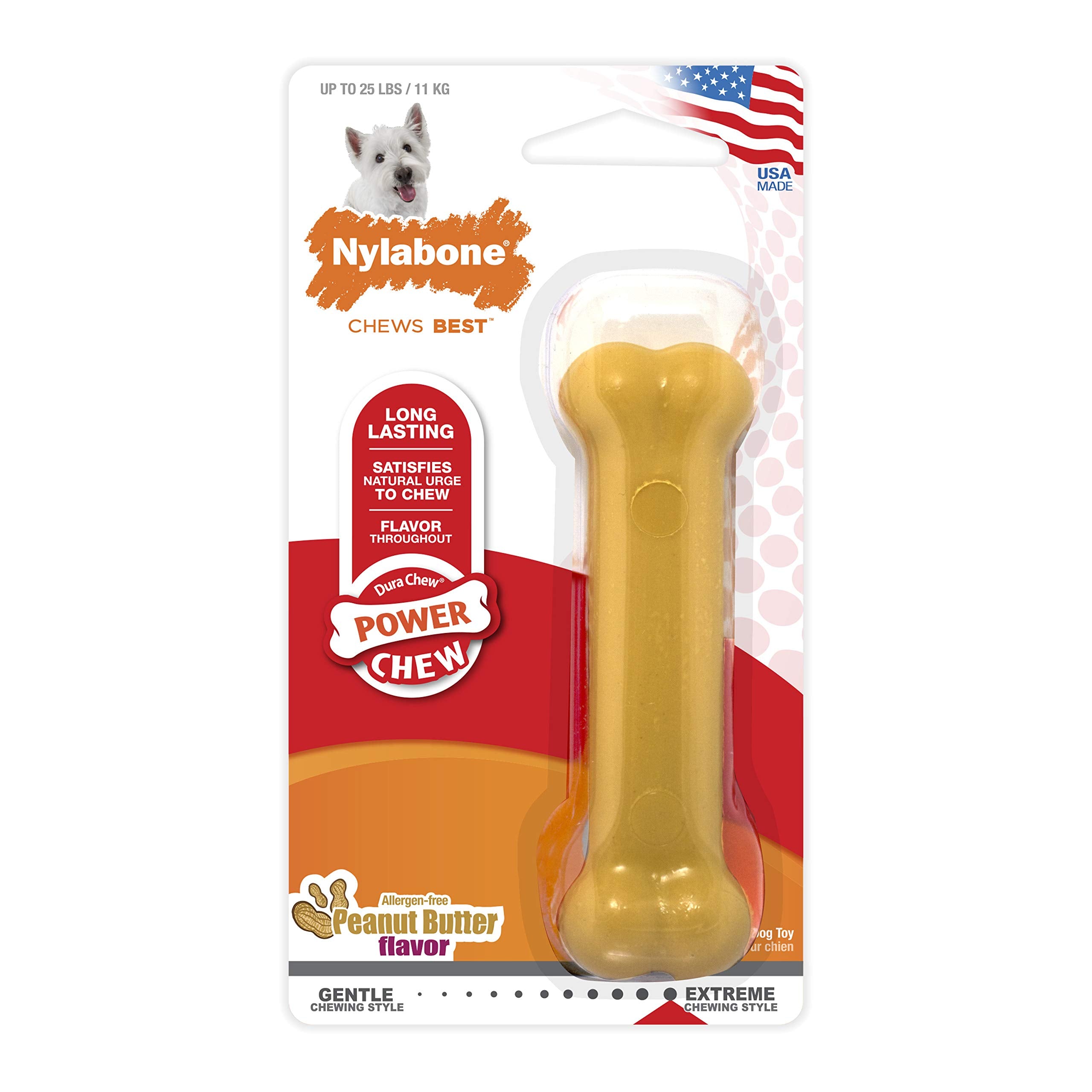 Nylabone Power Chew Flavored Durable Chew Toy For Dogs - Dog Toys For Aggressive Chewers - Indestructible Dog Bones For Small Dogs - Peanut Butter Flavor Small/Regular