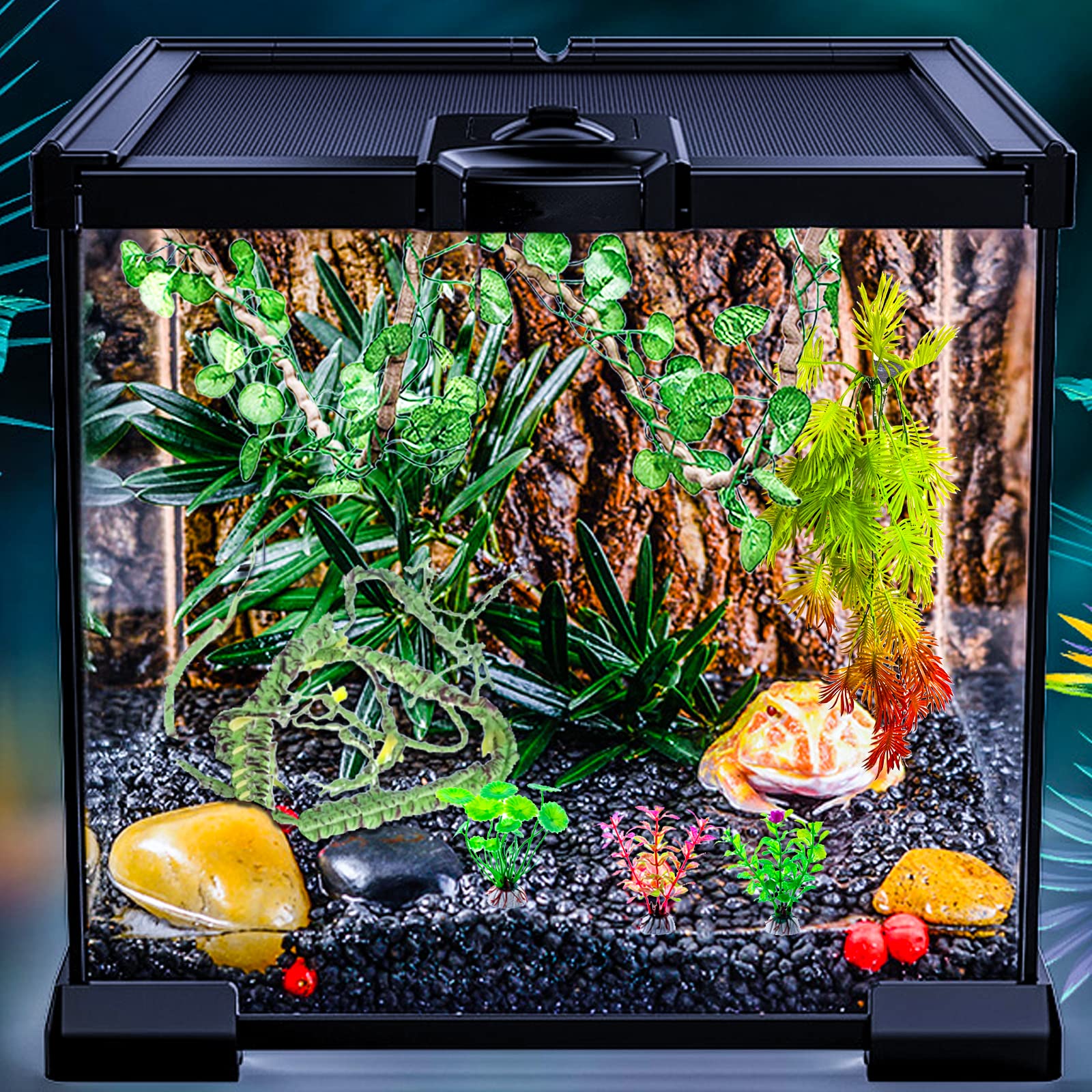 Runania 9 Pieces Reptile Vines Plants, Leopard Gecko Tank Accessories Terrarium Jungle Climbing Vines Hanging Plants With Suction Cups For Bearded Dragon Leopard Gecko Lizard Snake Chameleon