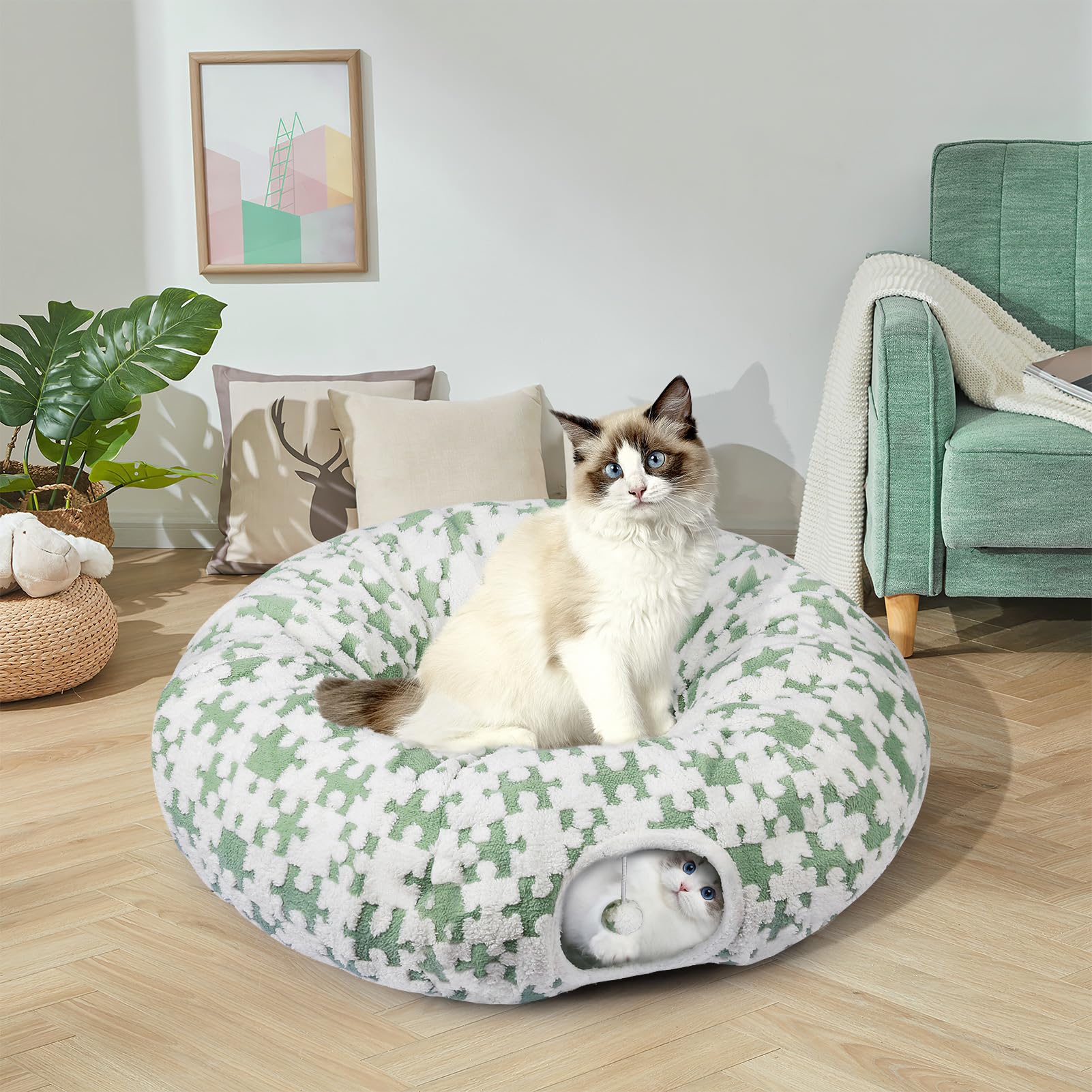 Cat Tunnel Bed Cat Cave For Cats Indoor, Maansfy Large Peekaboo Cat Cave Donut Tunnel Interactive Cat Toy Multifunctional Round