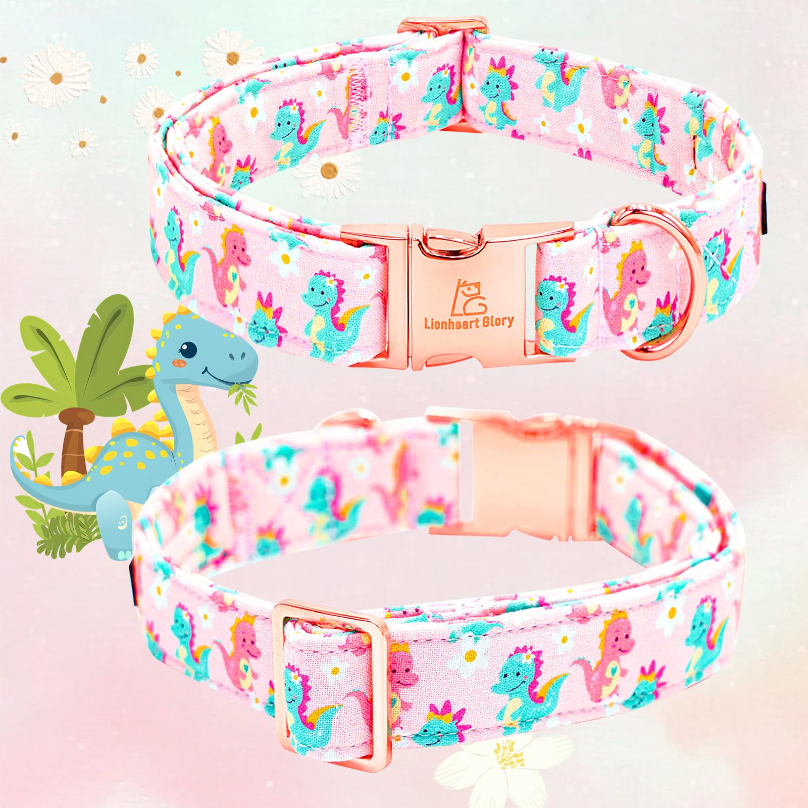 Lionheart Glory Dog Collar With Flower Dinosaurs Print Collars For Small Dogs, Spring Summer Cute Duty Adjustable Dog Flowers Co
