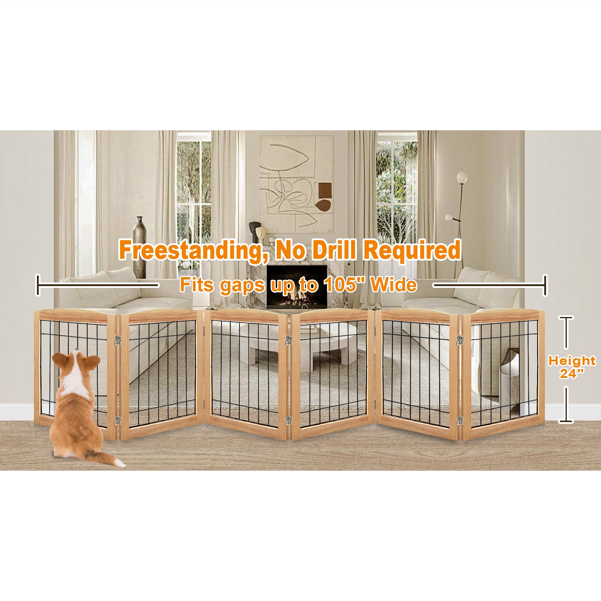 LZRS 6-Panel Extra-Wide Wooden Freestanding Dog Gate: Foldable Solid Wood and Steel Wire Chew Resistant Safety Barrier for Doorw