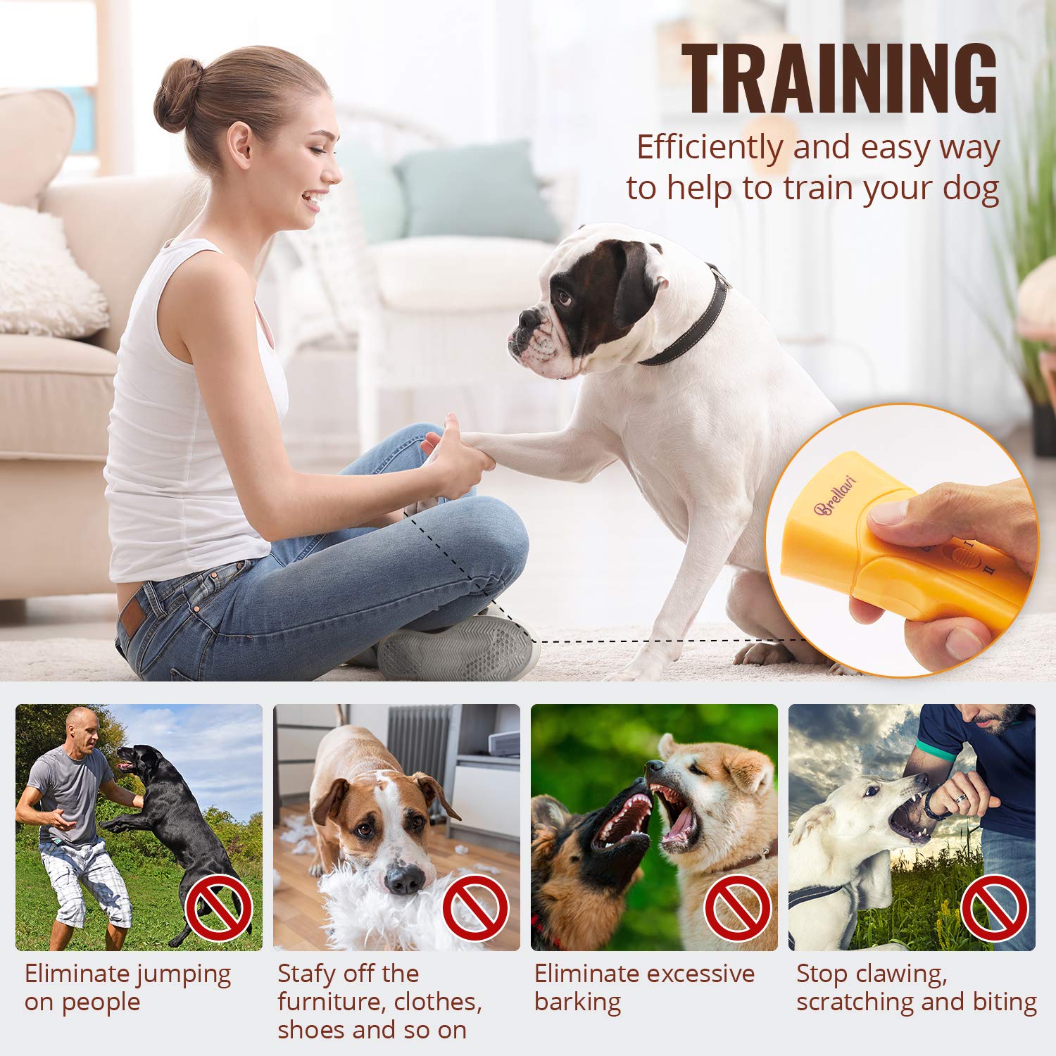 Brellavi Anti-Bark Dog Training Equipment And Barking Control Device, Electronic Clicker Trainer For Walking, Jogging, And Aggressive Behavior, Handheld And Portable (Orange)
