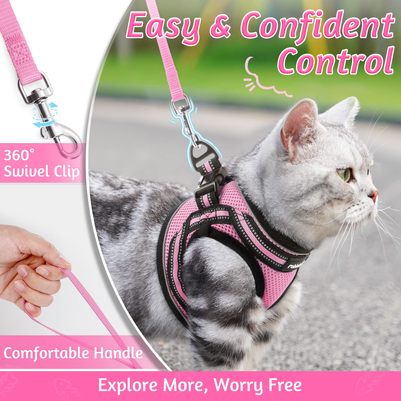 Rabbitgoo Cat Harness And Leash Set For Walking Escape Proof, Adjustable Soft Kittens Vest With Reflective Strip For Cats, Comfortable Outdoor Vest, Pink, L