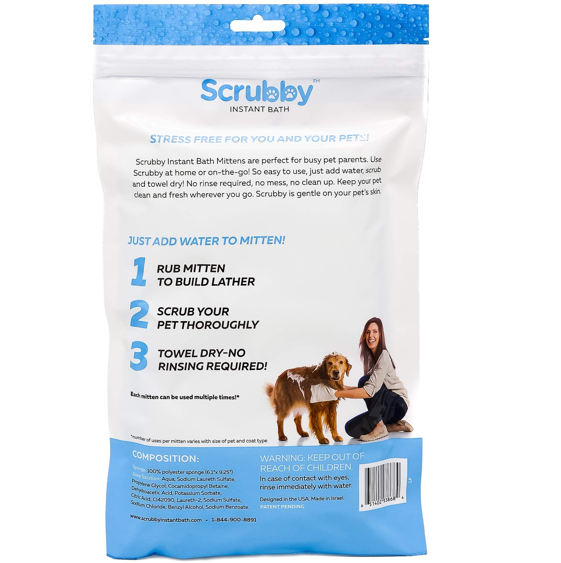 Scrubby Pet Wipes | Rinse Free Shampoo Mittens for Dogs & Cats | 5-Count | Hypoallergenic Bathing Solution