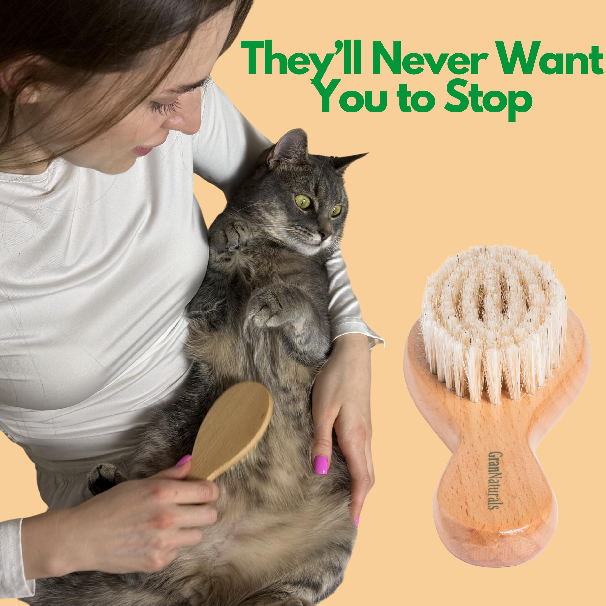 Grannaturals Boar Bristle Soft Cat Brush For Indoor, Outdoor, Short Haired Cats, Kittens, Small Dog, Rabbit, Furry Pets - Gentle